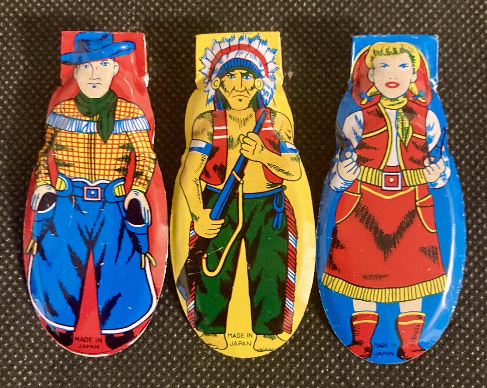 Tin Litho Cowboy, Indian and Cowgirl 1960 Toy Clickers Set of 3 From Japan Tin Litho Cowboy, Indian and Cowgirl 1960 Toy Clickers Set of 3 From Japan