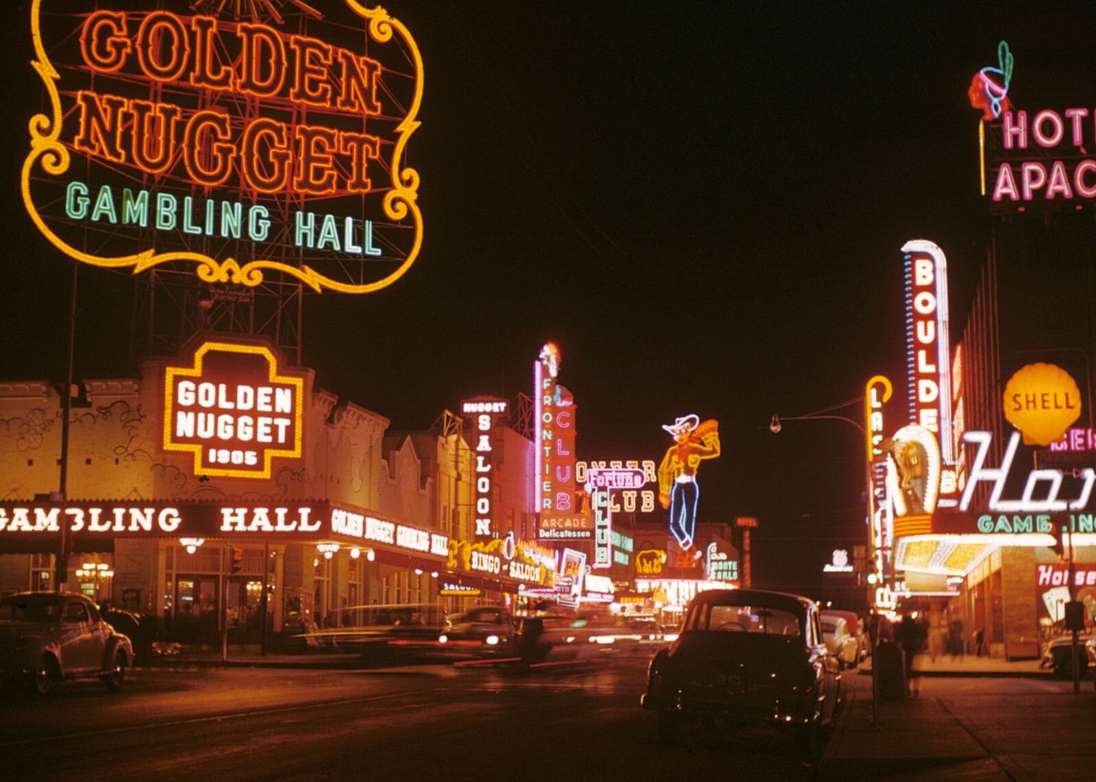 Vintage Las Vegas Hotel Casino PHOTO 1952 Golden Nugget Downtown Sign Night view