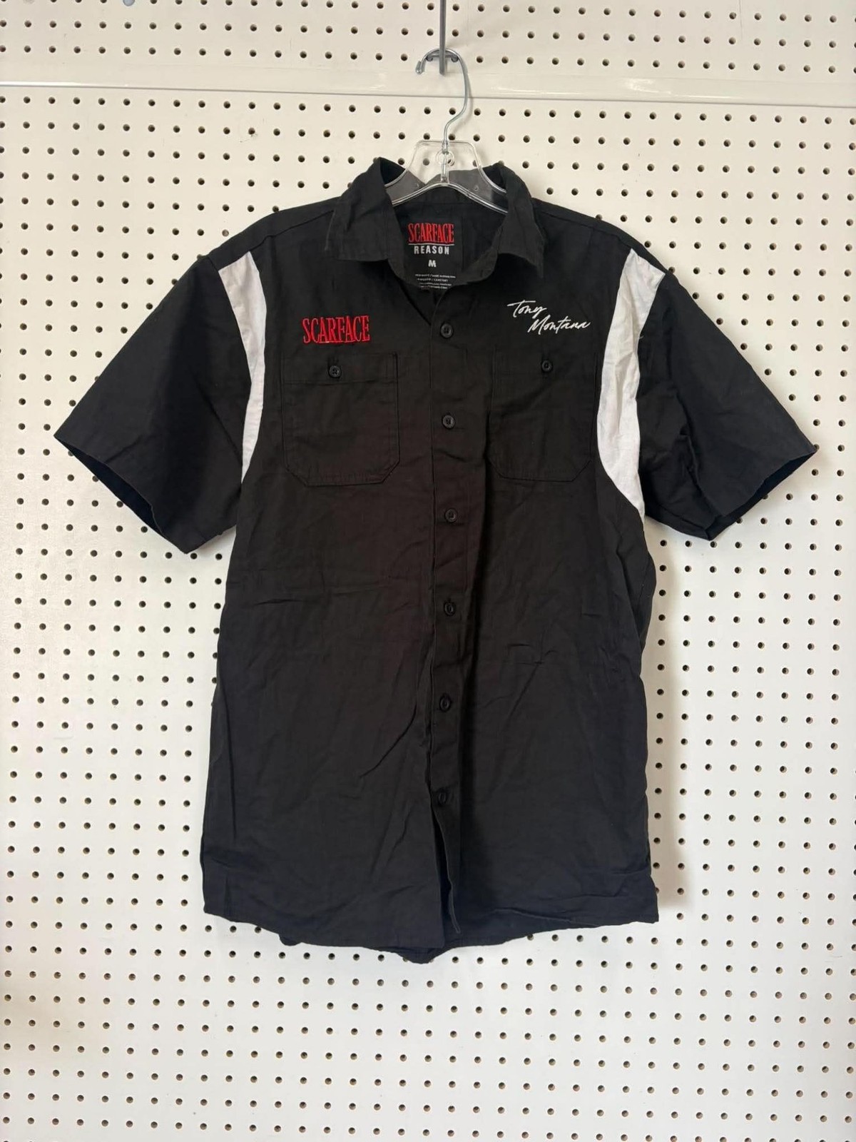 Scarface Reason Mens Black Button-Up Shirt With Embroidered Tony Montana Design 