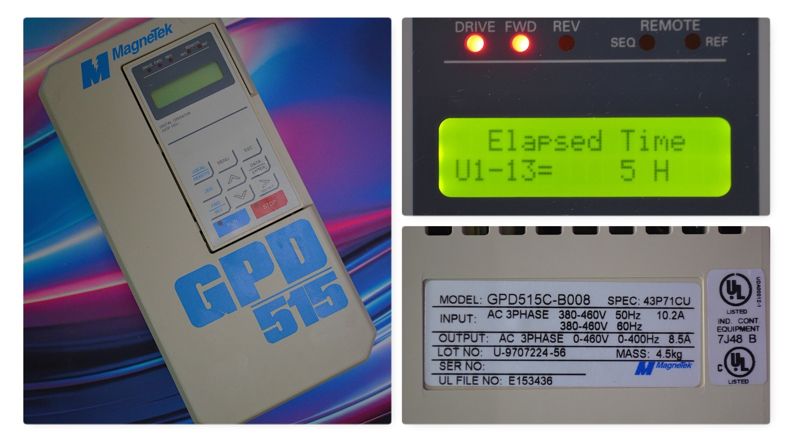 MagneTek GPD515C-B004 3-Ph Drive SPEC: 43P71CU 460VAC 50-60Hz 8.5Amp UL7J48 B #2