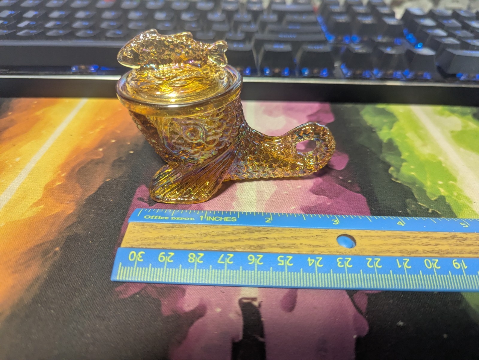 Vintage Pisello Marigold Art Glass Dolphin Lidded Mustard Dish/Salt Dip 1983