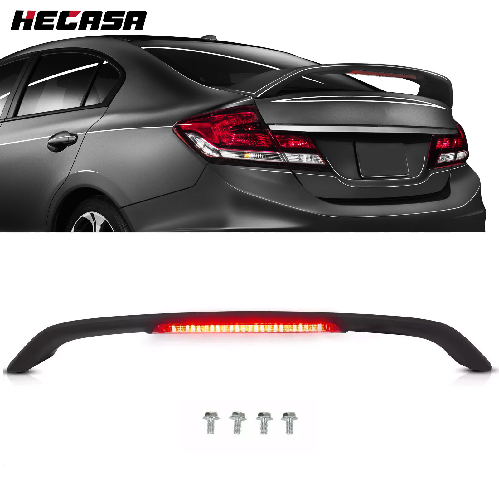 Matte Black Rear Trunk  Spoiler Wing w/LED For Honda Civic Sedan 2012-2015 2013