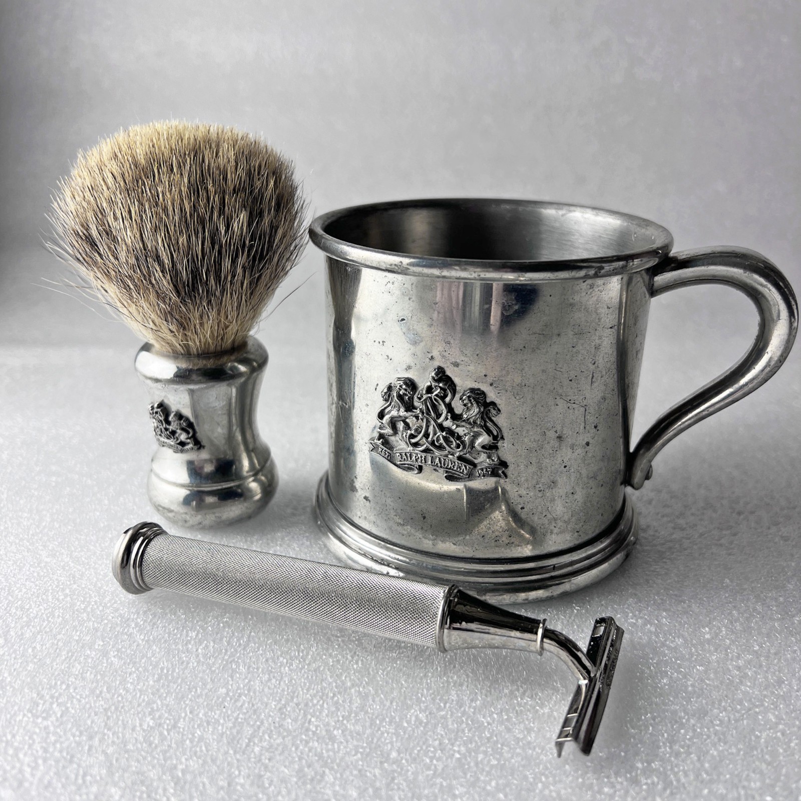 RARE 1993 Ralph Lauren Safari Shaving Set Pewter Cup Brush Chrome Razor 3pc VTG RARE 1993 Ralph Lauren Safari Shaving Set Pewter Cup Brush Chrome Razor 3pc VTG