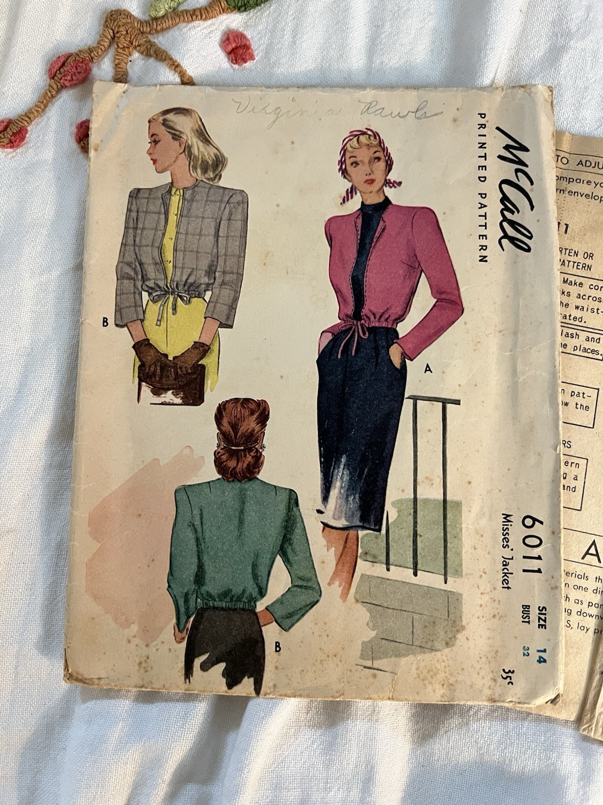 McCall 6011 1940s Drawstring Jacket Sewing Pattern Size 14 Vintage Complete