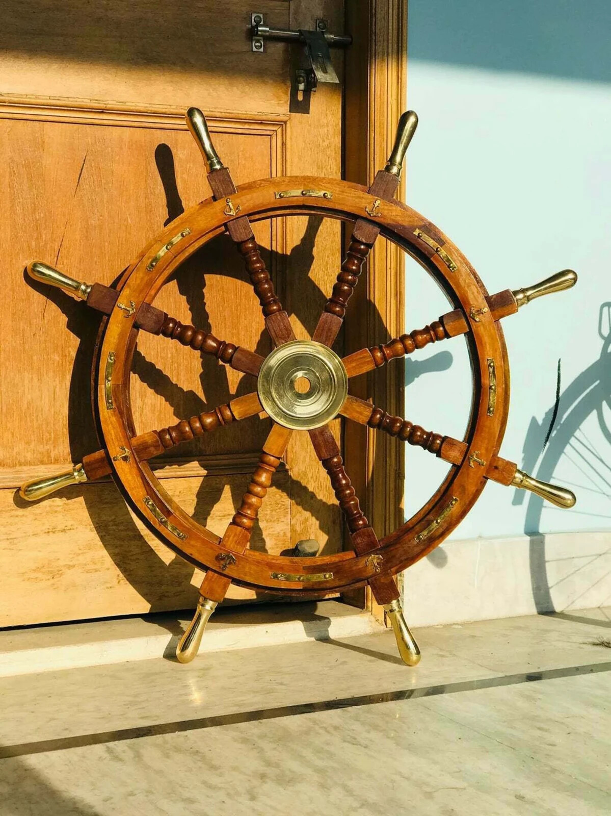 wonderful Large 36'' ANCHOR BRASS Wooden Wheel Captain Boat Gaston Turcotte Pira wonderful Large 36'' ANCHOR BRASS Wooden Wheel Captain Boat Gaston Turcotte Pira