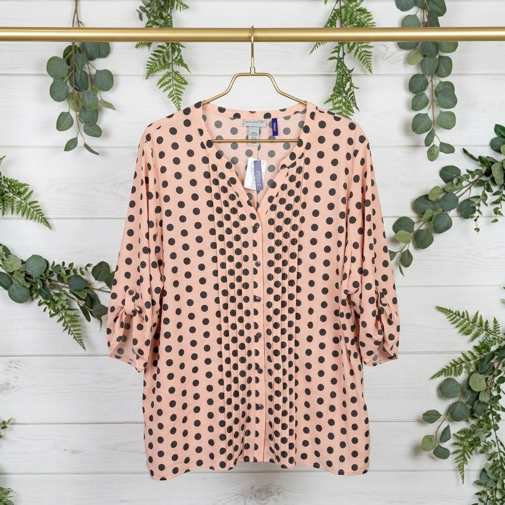 NWT Catherines Plus 3XWP Petite Pink Gray Polka Dot Tunic Top Roll Tab Sleeve NWT Catherines Plus 3XWP Petite Pink Gray Polka Dot Tunic Top Roll Tab Sleeve
