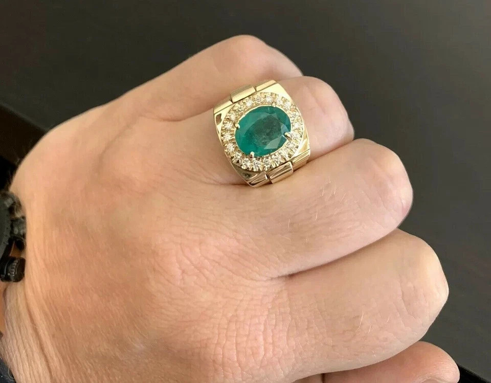 6.40Ct Natural Green Emerald and Diamond 10K Solid Yellow Gold Men's Ring Allsiz