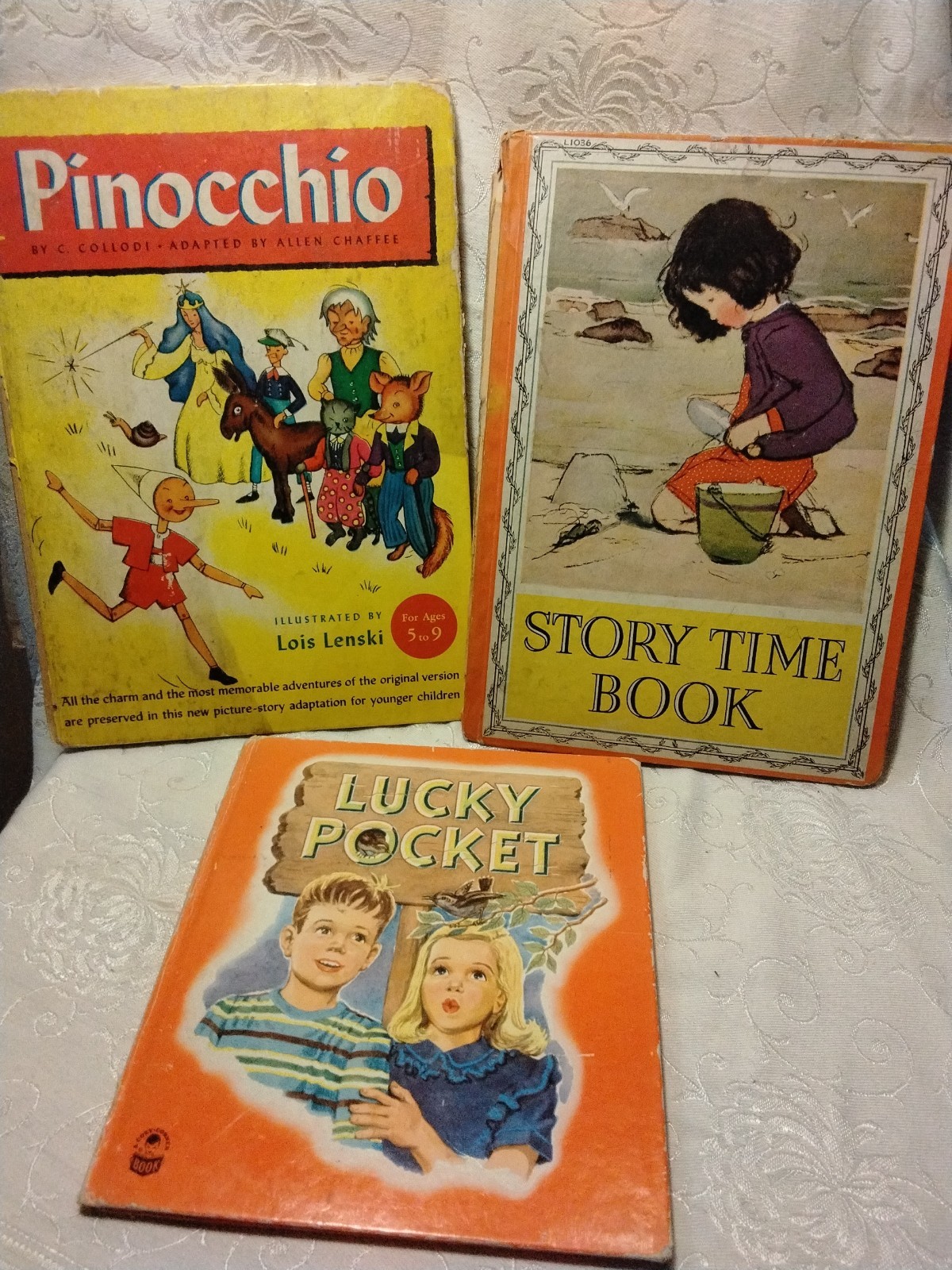 Vintage Childrens Book Lot 1940s-1951 Pinocchio Lois Lenski Lucky Pocket MCM