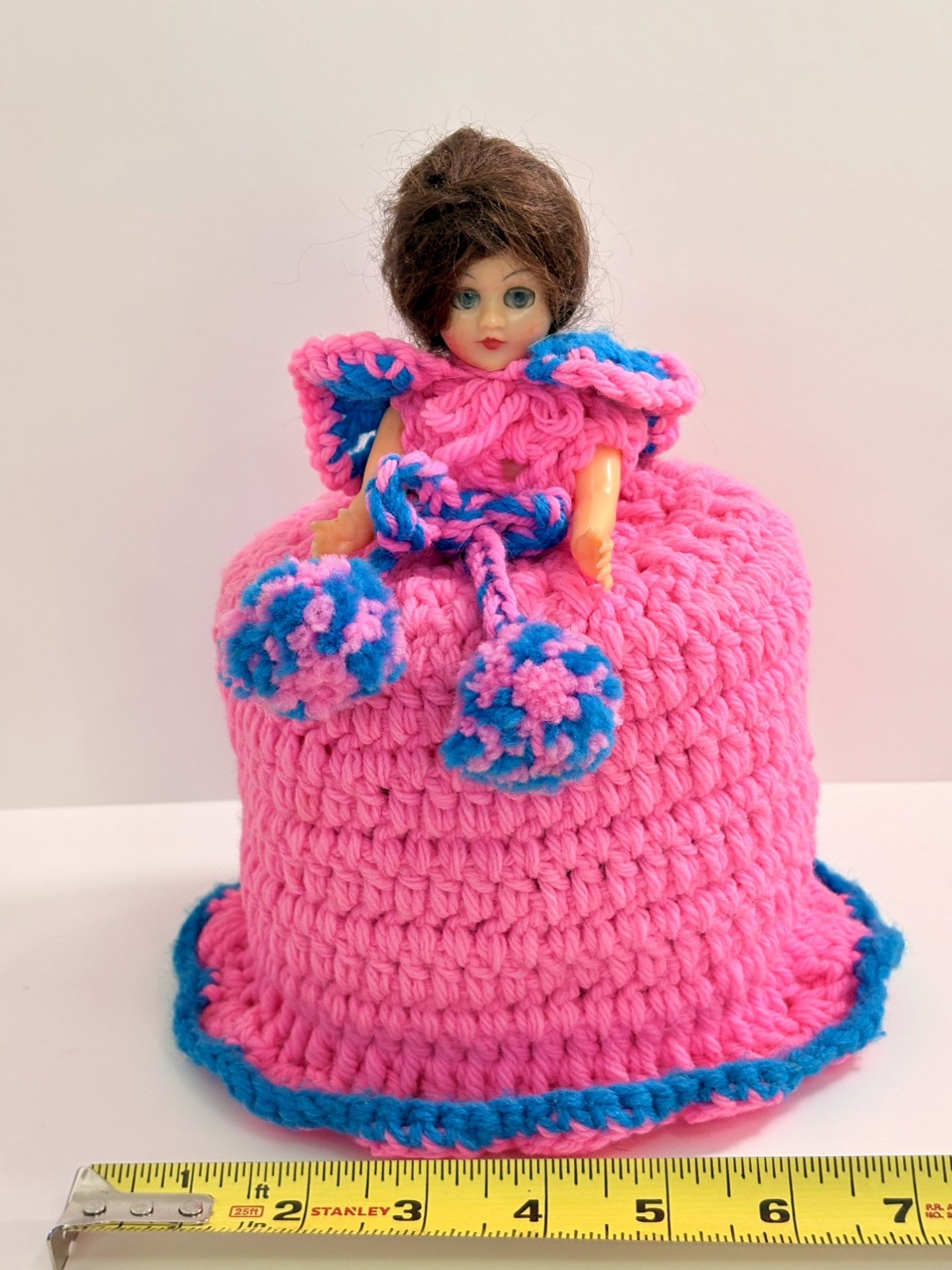 Vintage 1970s Crochet Toilet Paper Cover Doll Kitsch Bathroom Retro Pink Blue