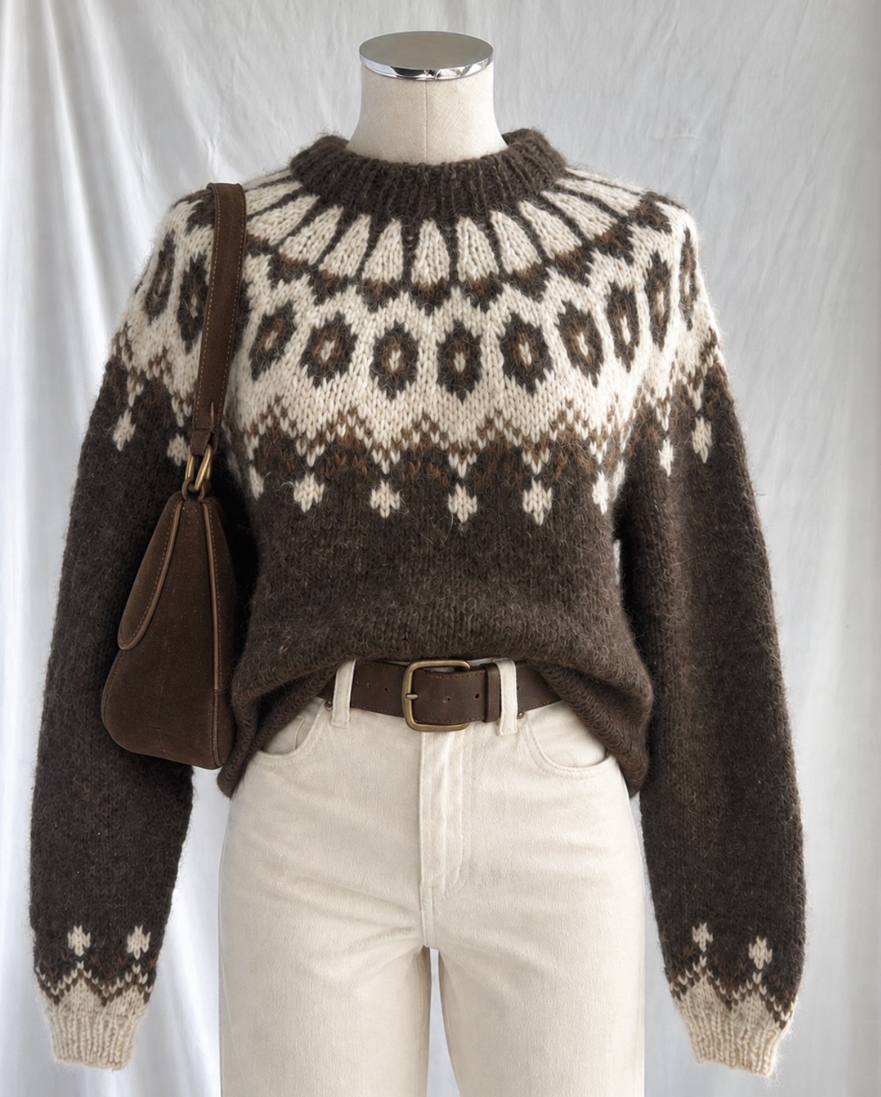 Vintage Nordic Fair Isle Wool Knit Sweater | Brown Cream Icelandic Style | Sz M