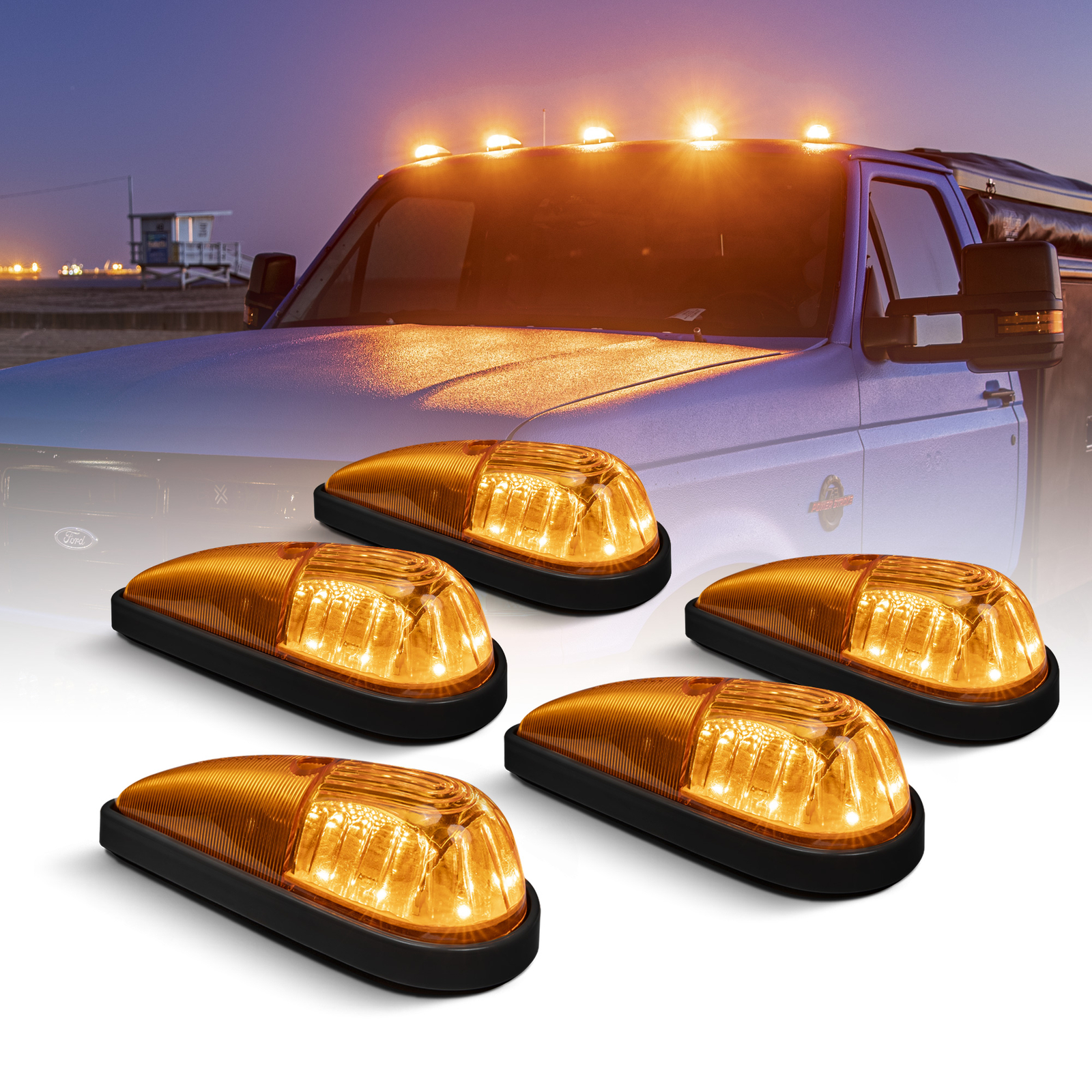 DOT Amber LED Teardrop Cab Roof Marker Lights for Ford Chevy Dodge Ram Truck Van