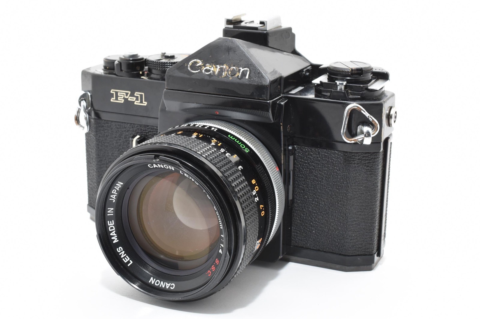 Canon F-1  Early Black 35mm SLR Film Camera FD 50mm F/1.4 S.S.C. Meter Working