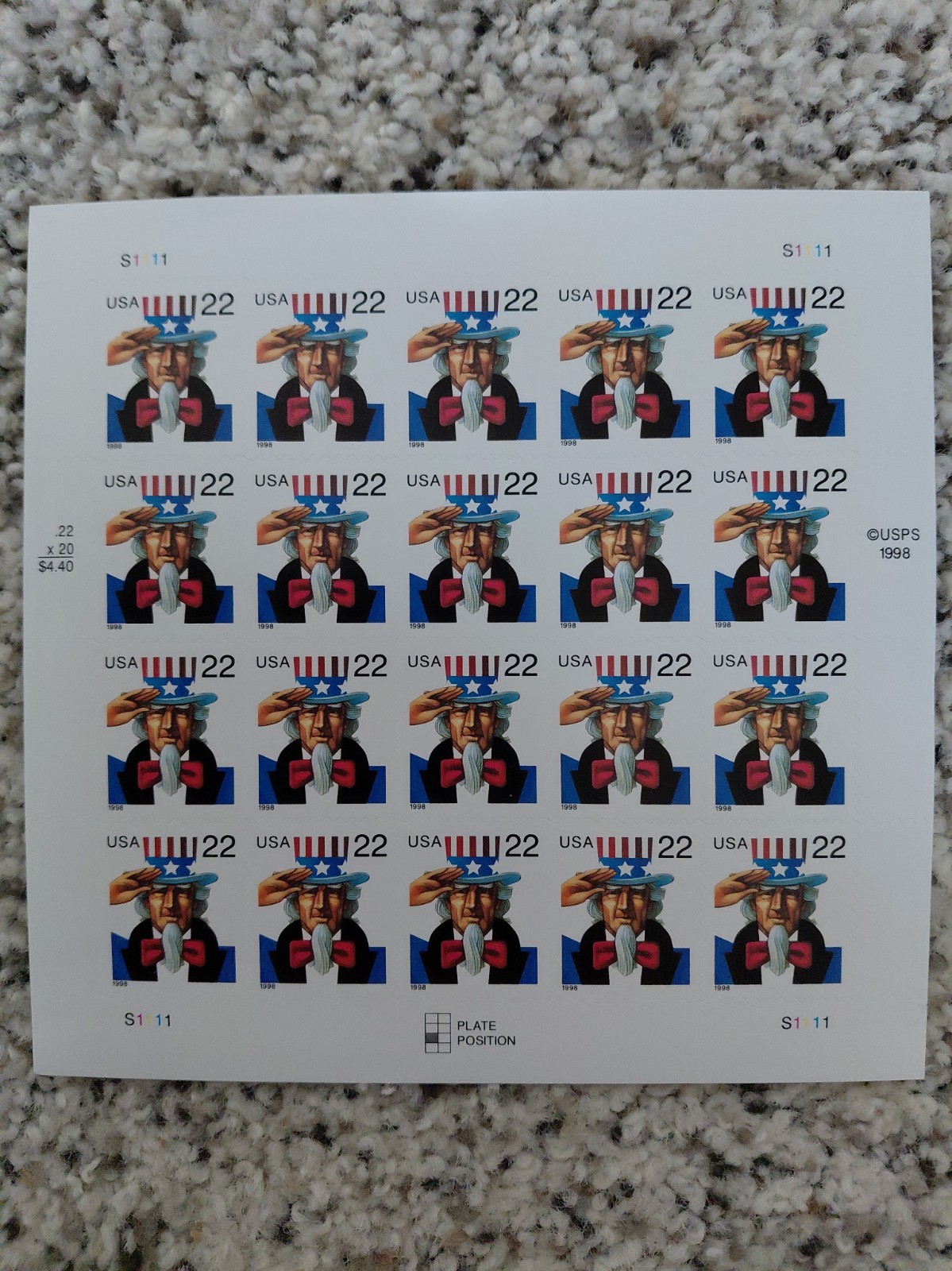 1998 Uncle Sam .22 Cent Stamp Sheet - 20 Stamps - Vintage Patriotic Vibes