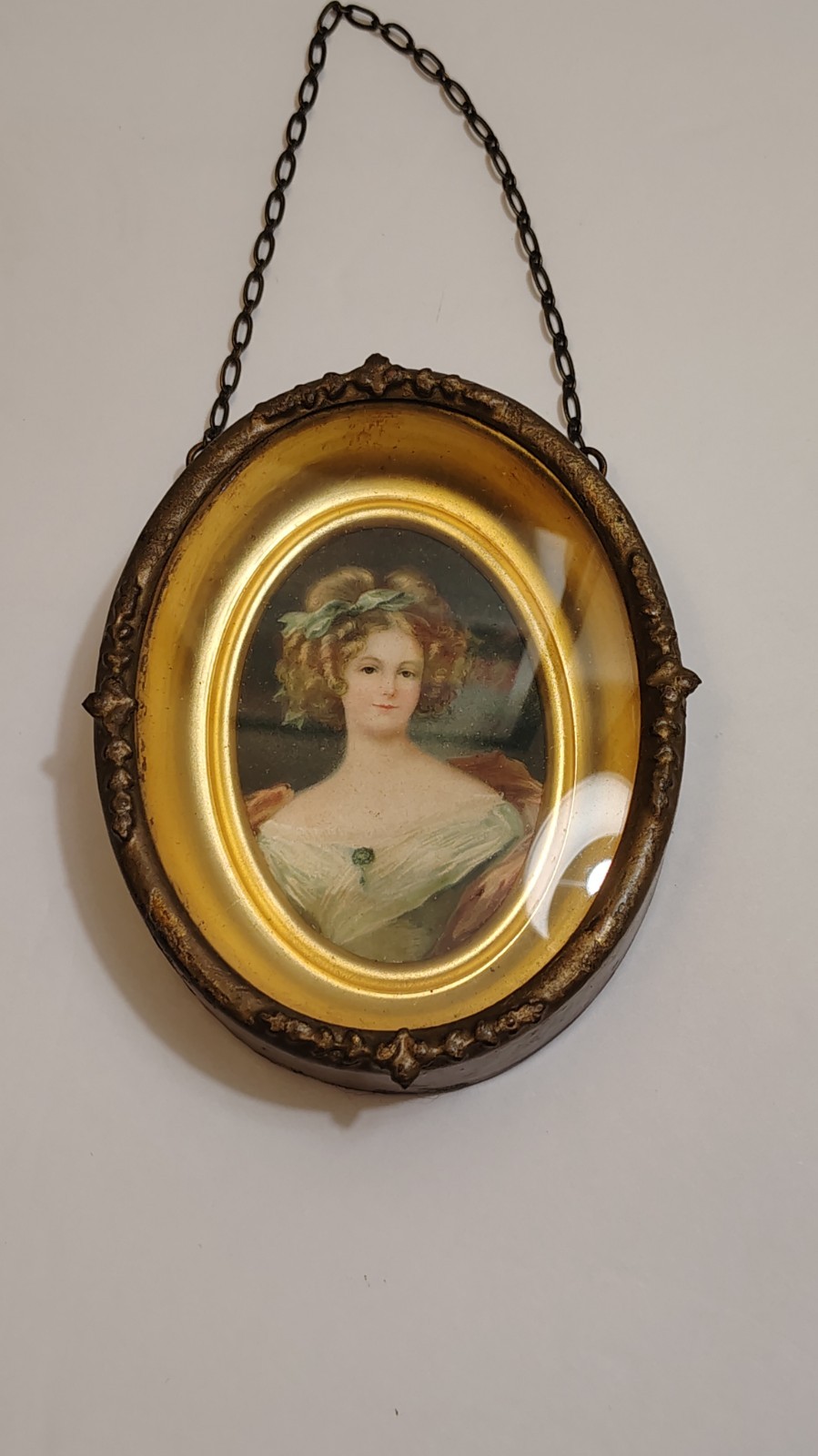 Vintage Lady Portrait Miniature Convex Glass Ornate Gilt Metal Oval Frame
