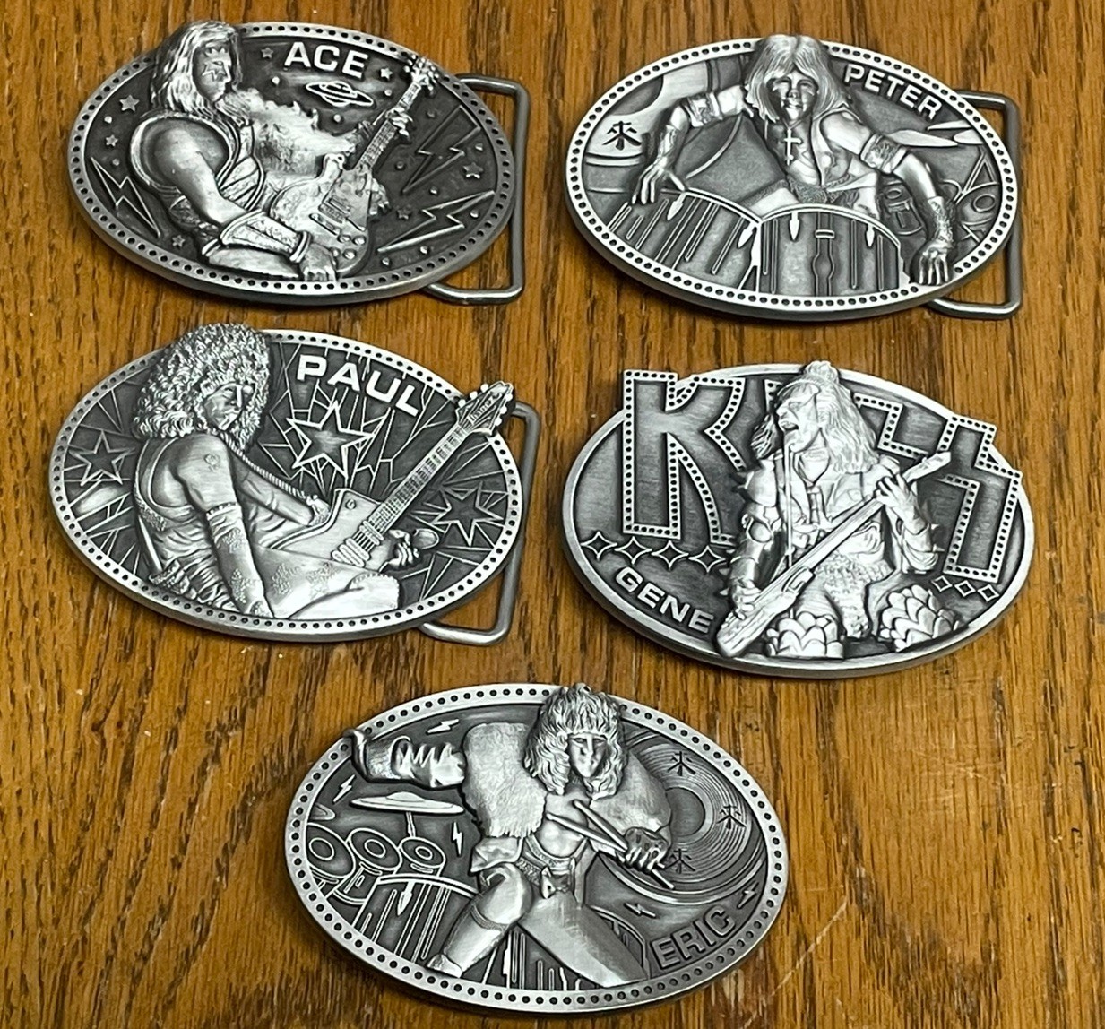 5 KISS 3-D BELT BUCKLEs RARE FULL SET GENE PAUL ACE PETER ERIC PEWTER