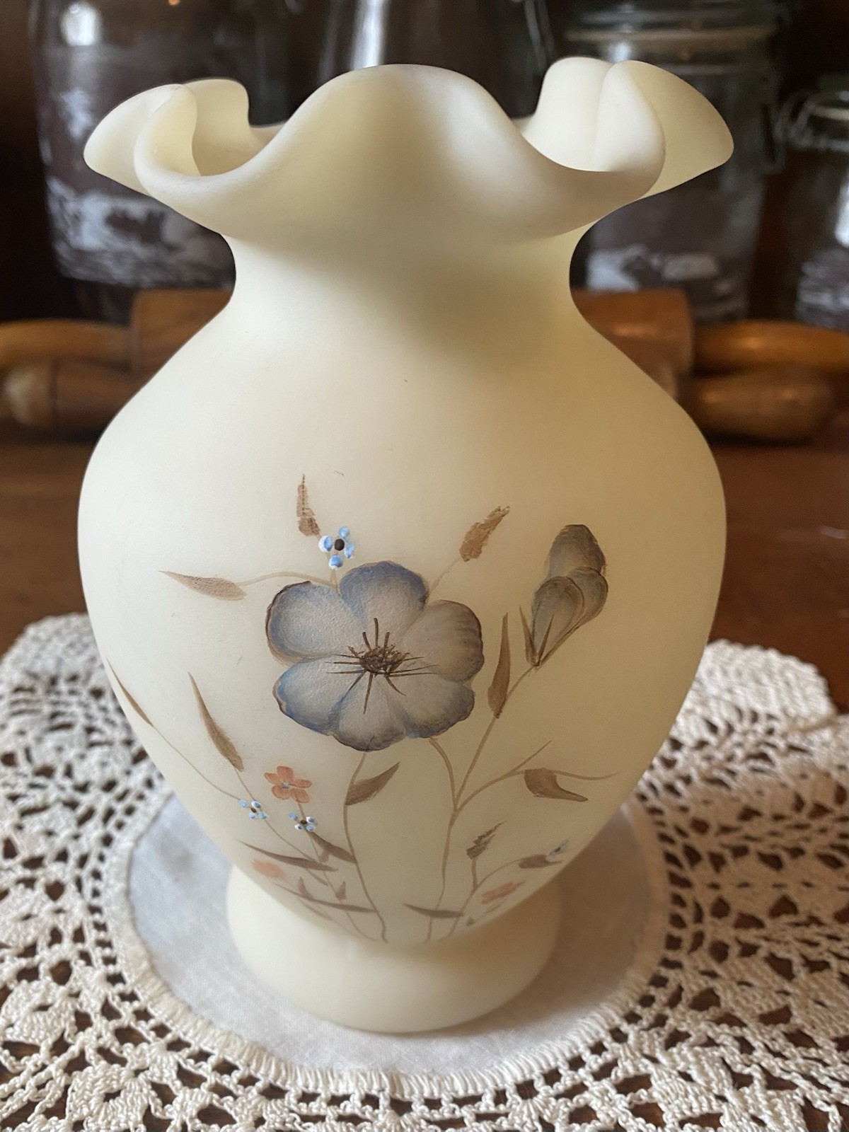 VTG FENTON WILDFLOWER On Cameo Satin Custard Glass Ruffled Vase D. Hill 1970s