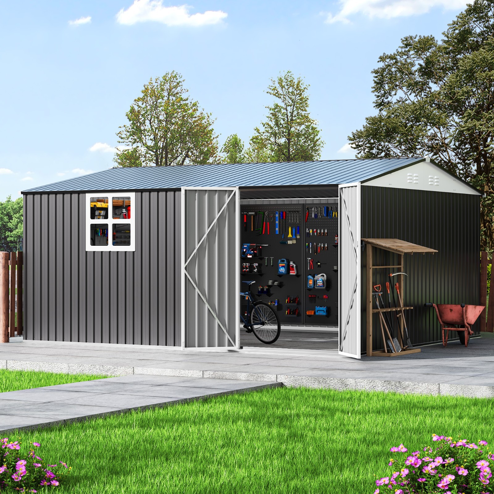 12x14 FT Outdoor Metal Storage Shed with Window,Lockable Metal Garden Tool Shed