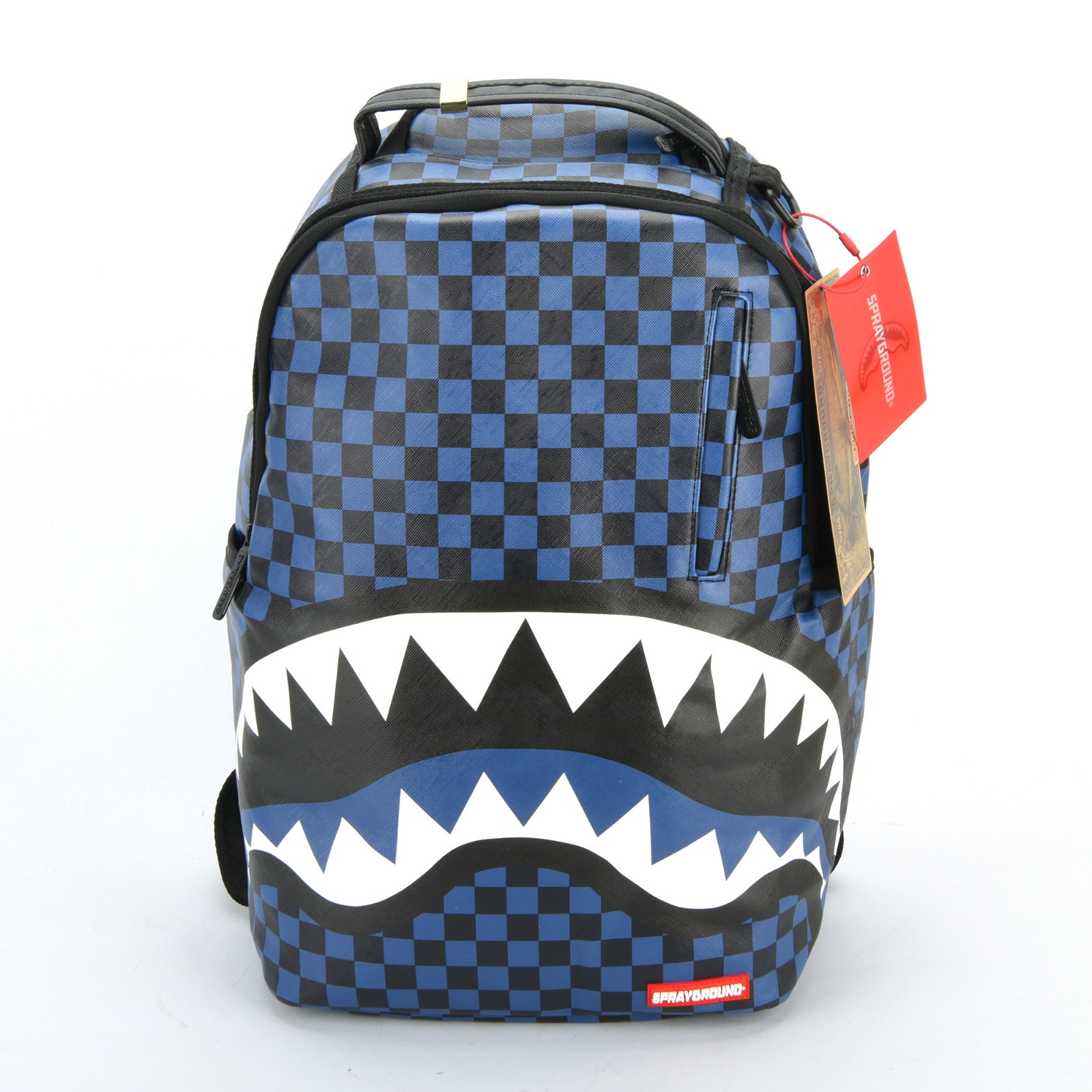 Sprayground Midnight Magic Shark Leather Bag Backpack Unisex Blue Black Plaid