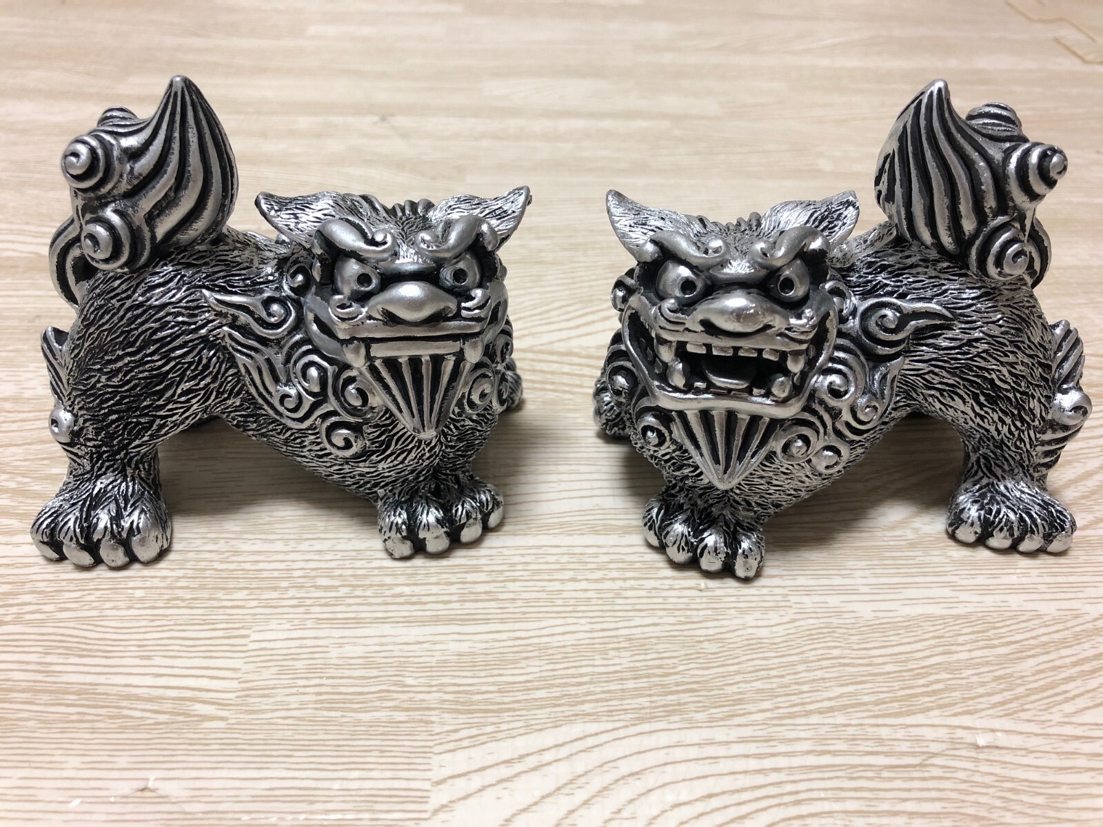  Shisa Okinawa Lion Figurine Dog Foo Guardian Set Pottery Shishi Japanese Silver