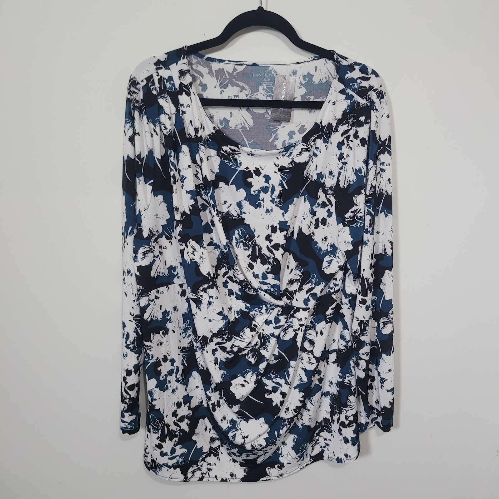 Lane Bryant Size 22/24 Floral Draped Front Top Womens Navy White Long Sleeve