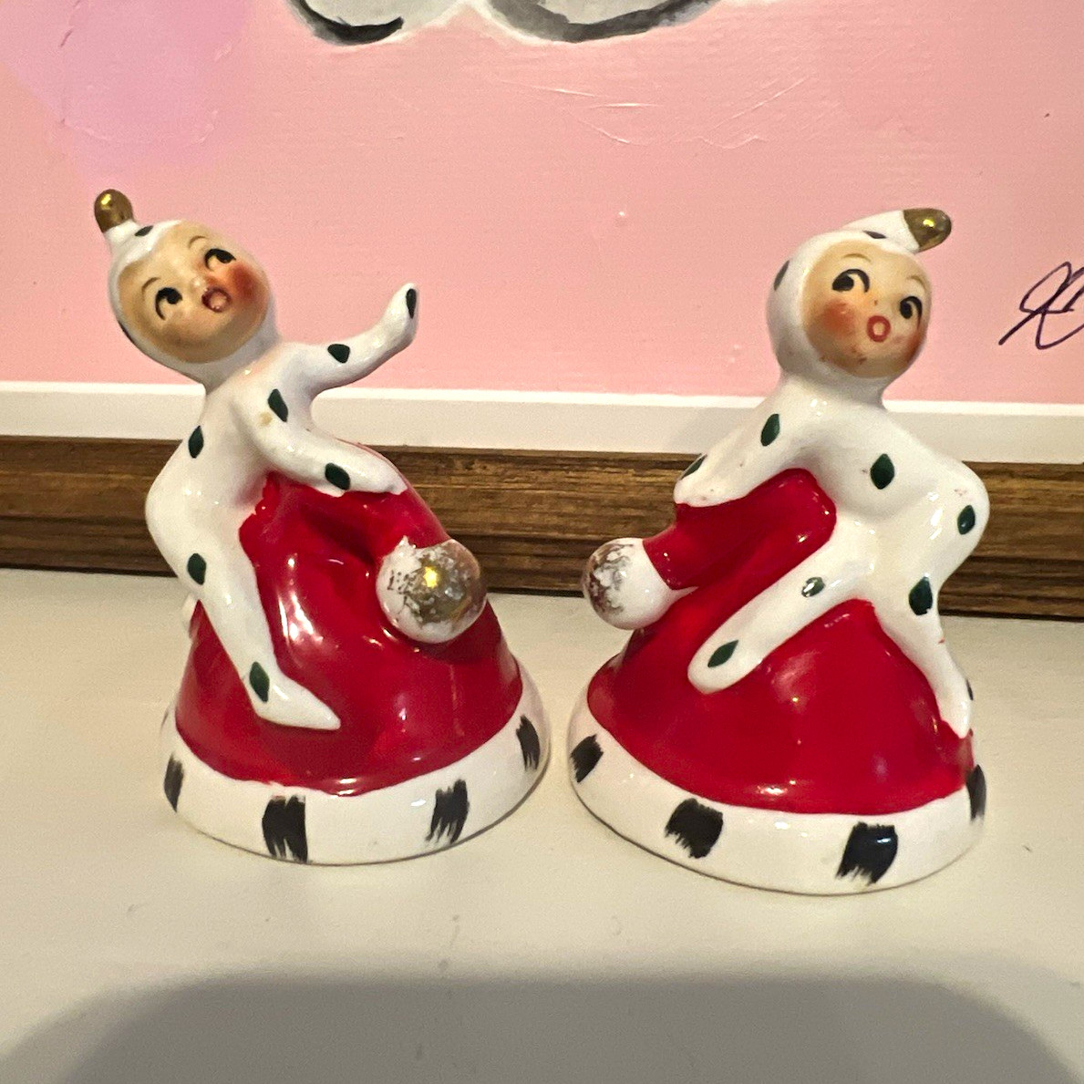 Vintage Ceramic Holt Howard Elf on Santa hat mini Bell ornament set of 2pc Vintage Ceramic Holt Howard Elf on Santa hat mini Bell ornament set of 2pc