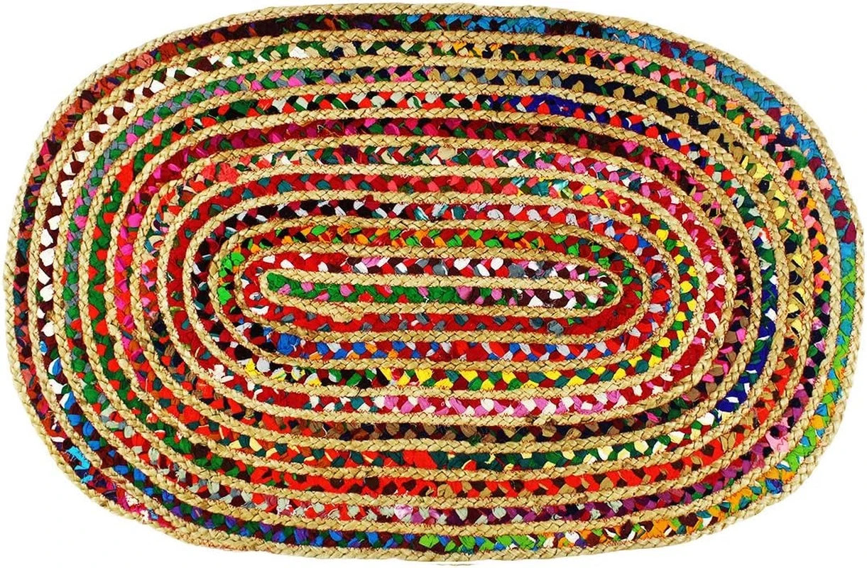 Jute Chindi Braid Rag Rug 2x3 Ft Oval Multi Color Handwoven Reversible Boho