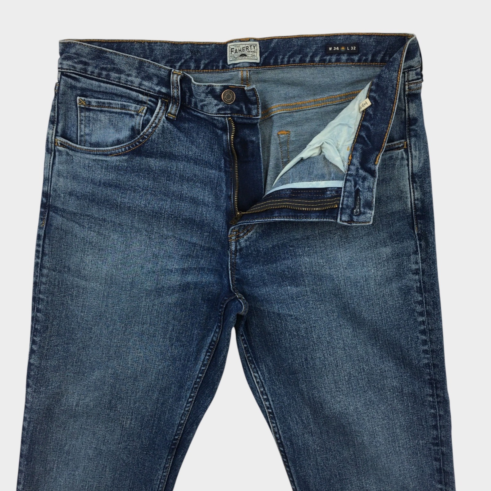 Faherty Brand Mens Blue Organic Cotton Stretch Jeans Size 34 Hemmed to 29 Inseam