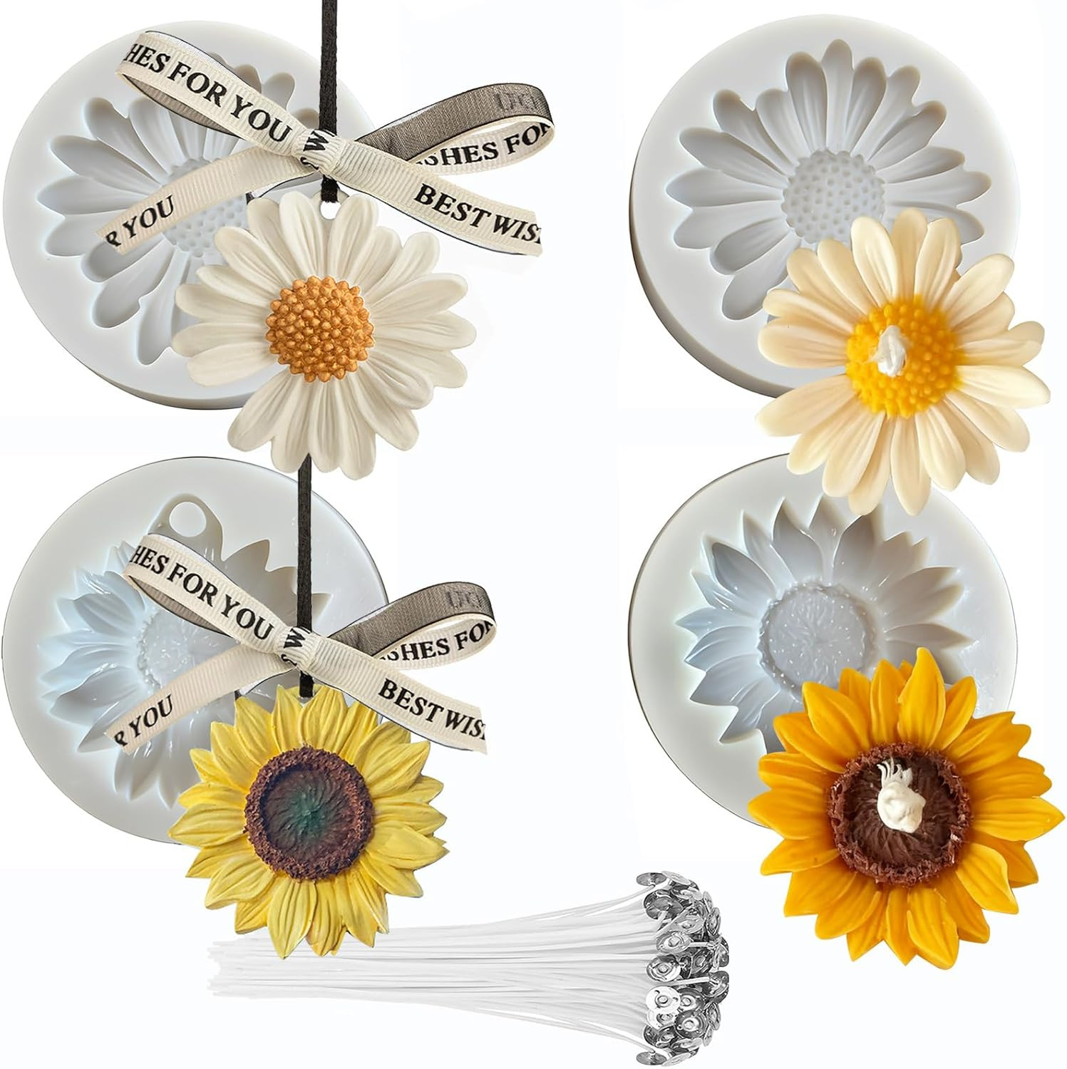 54Pack Silicone Flower Mold for Candles Set, 4Pack Daisy Sunflower Molds with 50