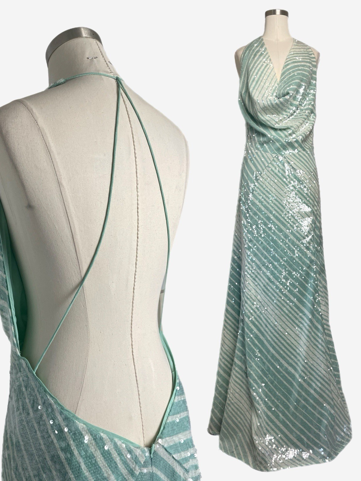 ASOS Edition NWT Mint Allover Sequin Deep Cowl Neck Maxi Dress open back 10