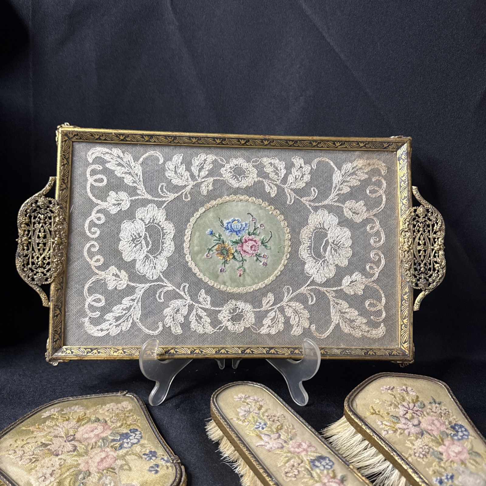 Antique French Gilt Brass Petit Point Tapestry  4 Pc Vanity Set Dresser Set