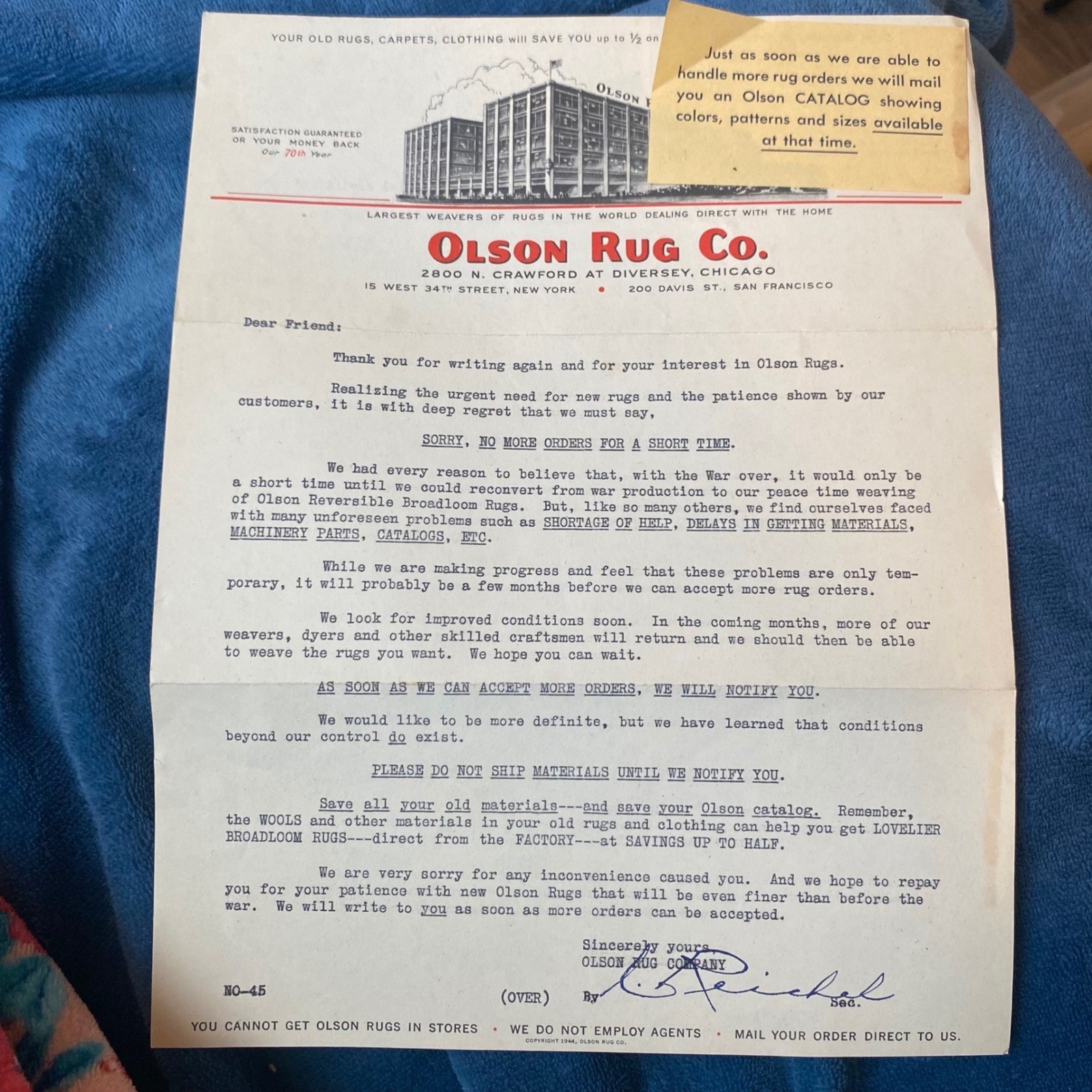 Vintage 1944 Olson Rug Co Chicago WWII Era Letterhead Ephemera Advertising