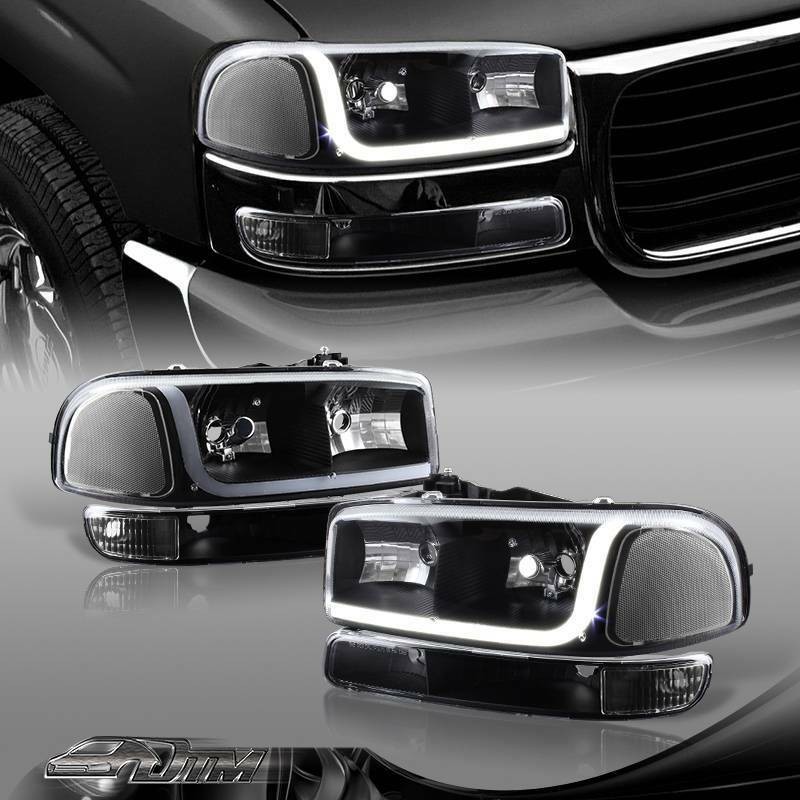 For 1999-2006 GMC Sierra 1500 2500 DRL LED Black Clear Headlights+Bumper Lamps