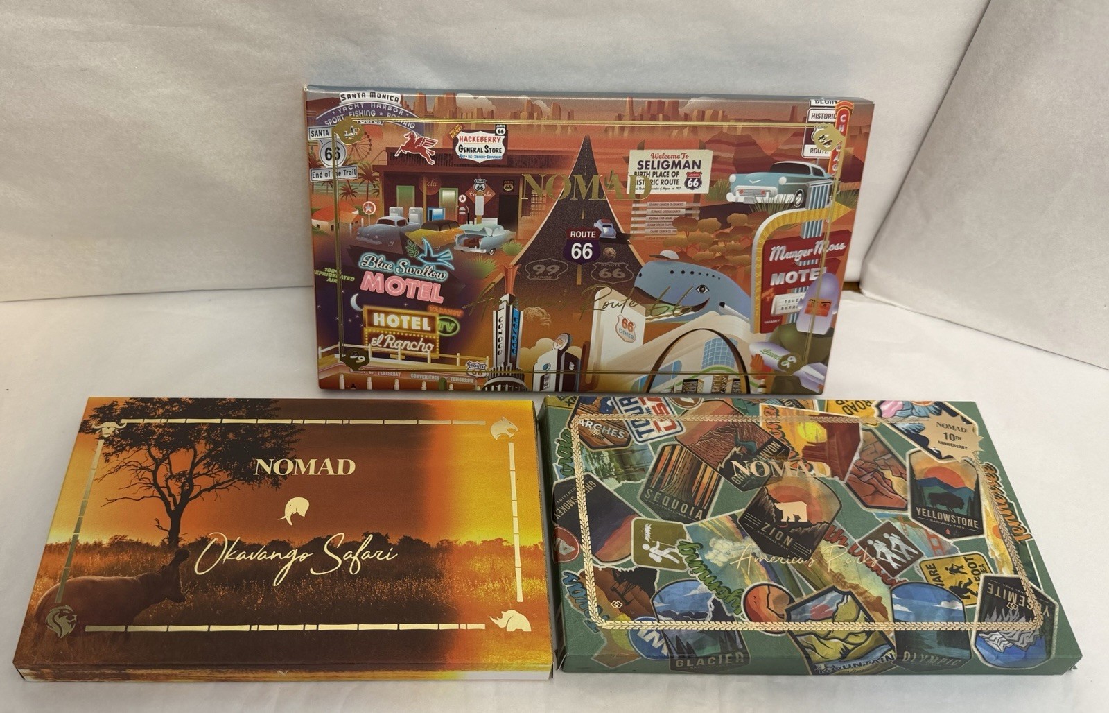 NOMAD Cosmetics 3 Palette Bundle BNIB Route 66 Americas Parks & Okavango Safari