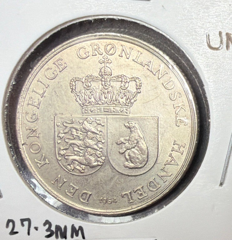 1964(h) Greenland 1 Krone UNCIRCULATED Copper Nickel Coin-KM#10a-MINTAGE=110,000
