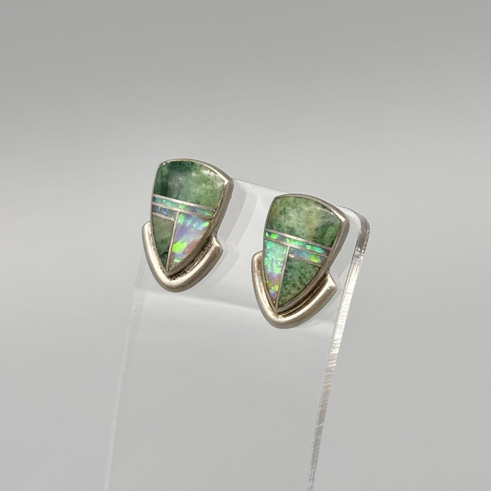 Steve Francisco Sterling Silver Green Turquoise Opal Inlay Stud Earrings Navajo