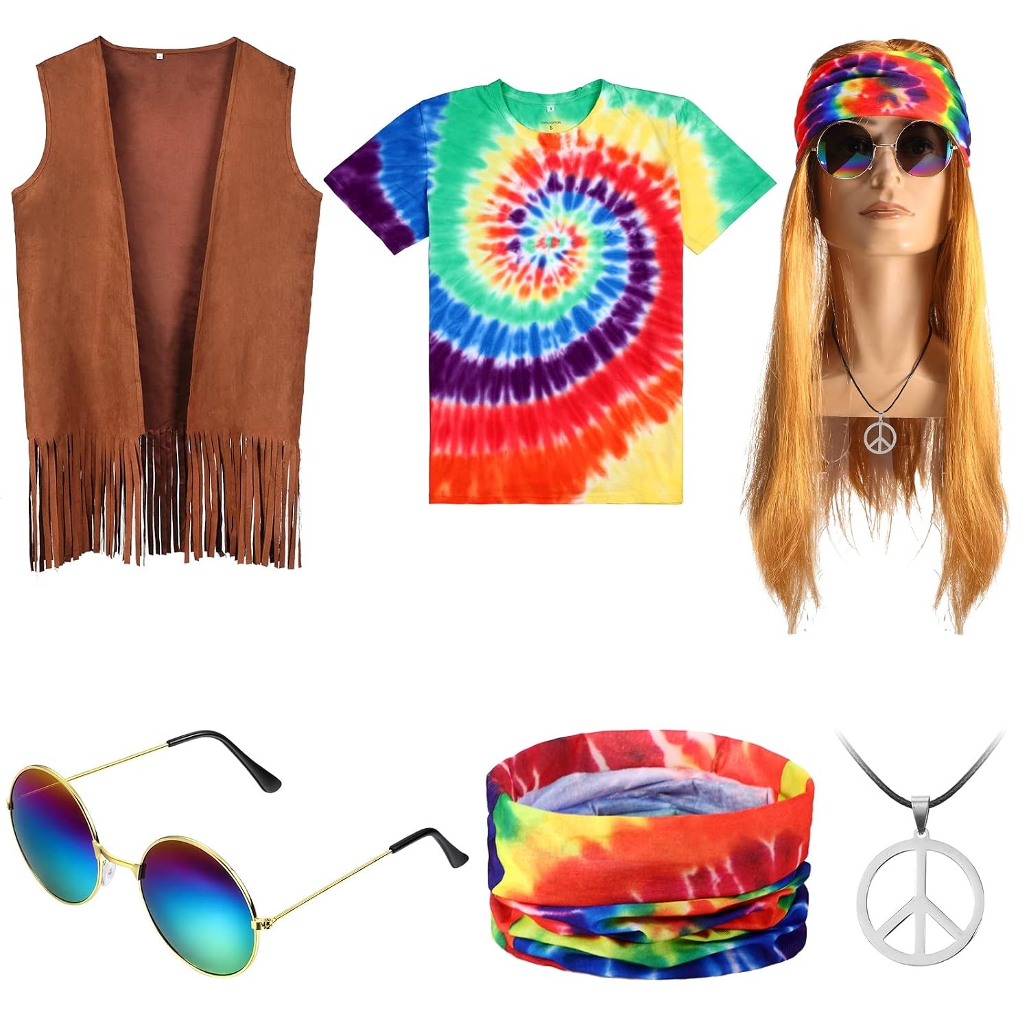 Men\'s 60s 70s Hippie Costume X-Large Tie Dye Fringed Shirt Set Vintage Retro