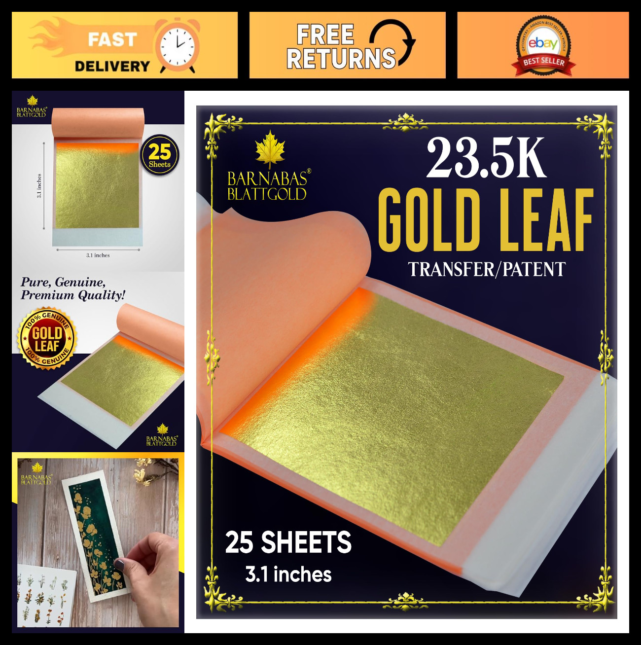 23.5K Gold Leaf Sheets - 25 Pack, 3.1 23.5K Gold Leaf Sheets - 25 Pack, 3.1