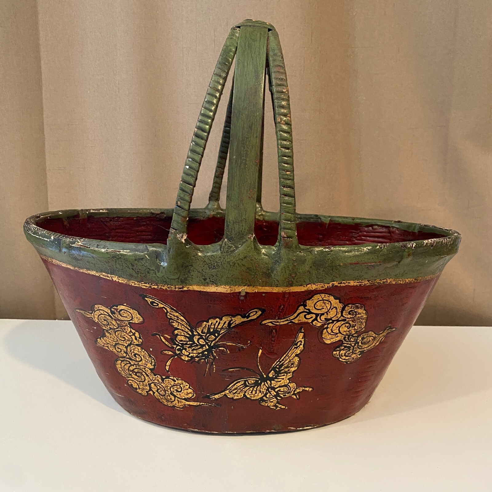Antique French Red Green Basket Hand-Painted Butterfly Floral Antique French Red Green Basket Hand-Painted Butterfly Floral