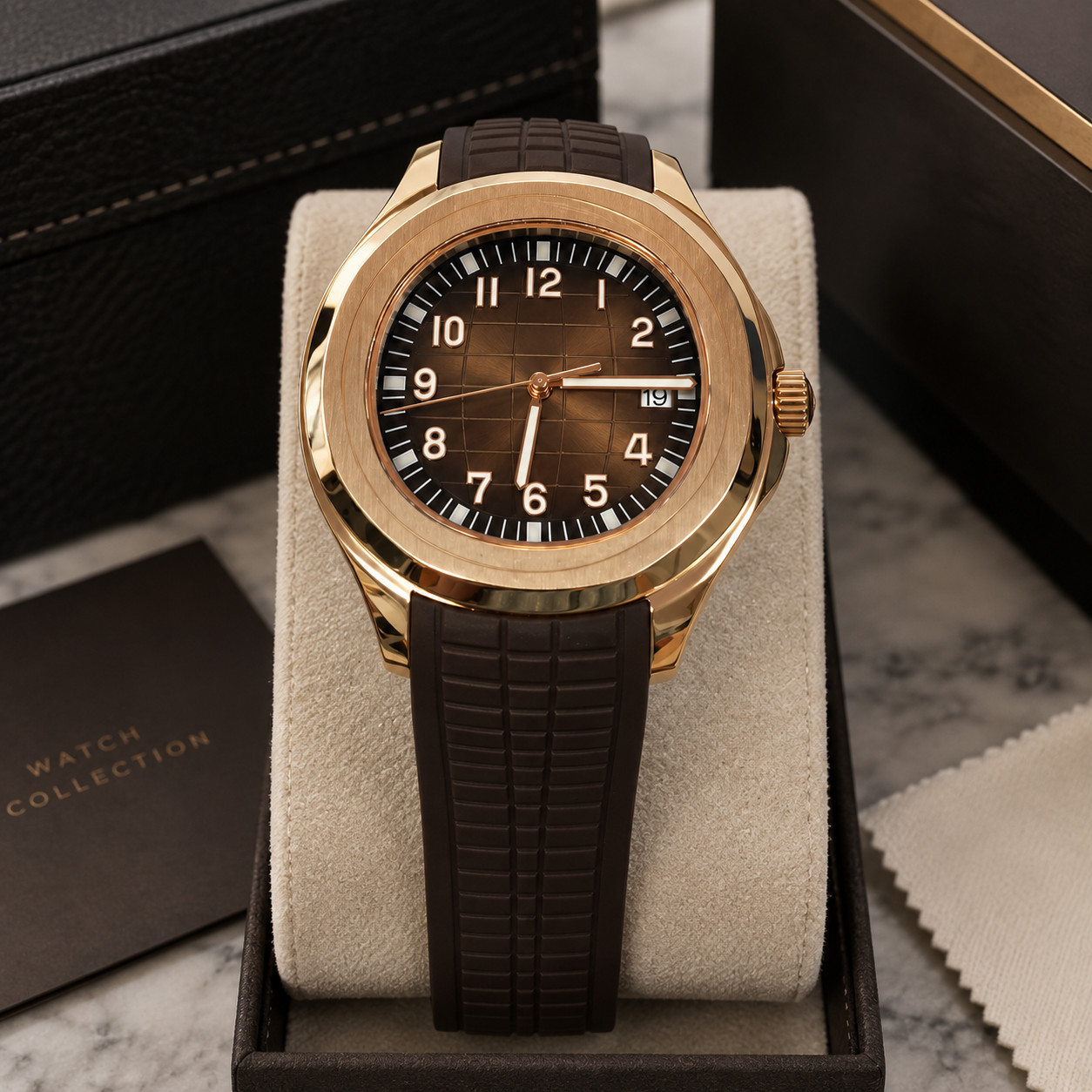 Custom Built - Rose Gold Tone Watch Brown Dial Date Brown Rubber Strap