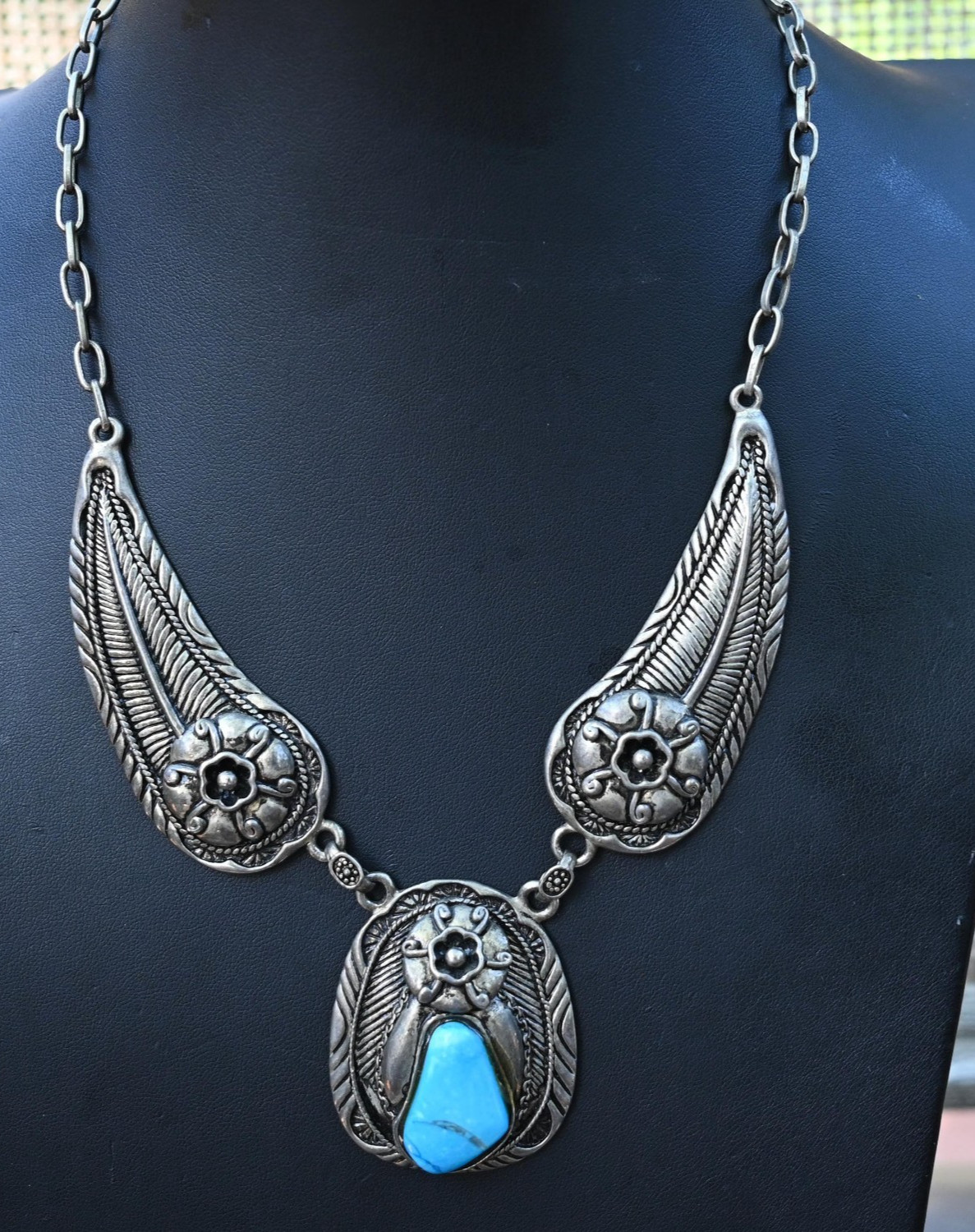 Heavy Native American Necklace Sterling  & Stunning Blue Gem Turquoise 91 grams