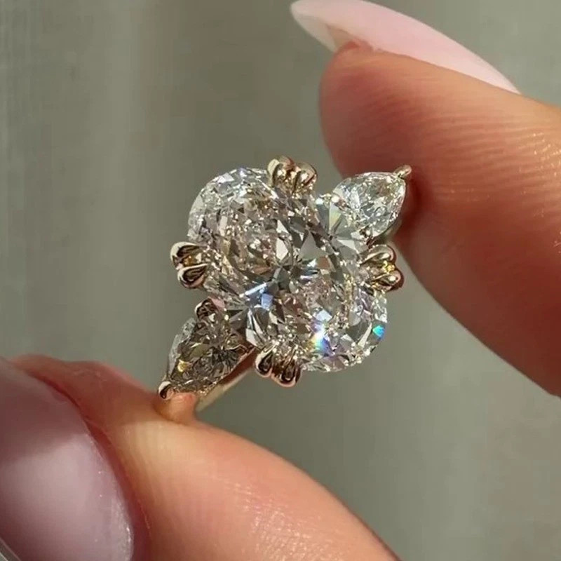 3.30 Ctw Oval Cut Moissanite Three Stone Engagement Ring 14K Yellow Gold Plated