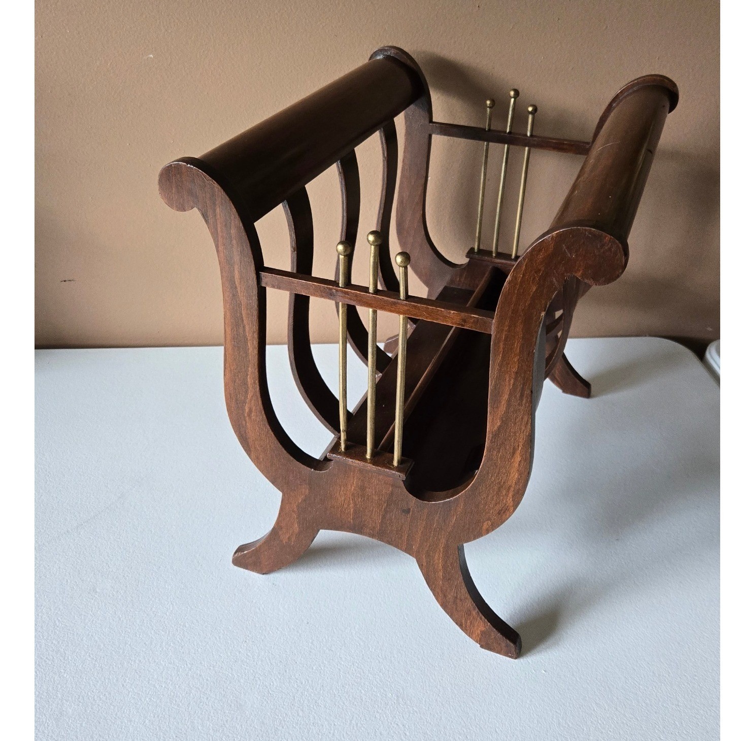 Vintage Brandt Mahogany Magazine Rack Brass Lyre Canterbury Hagerstown MD 3506
