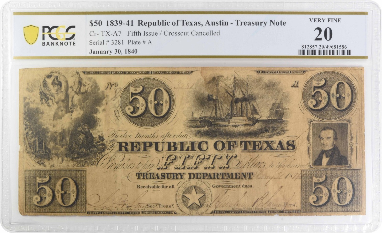 $50 1839-41 Republic of Texas, Austin A7 Crosscut Cancelled VF20 PCGS #302 $50 1839-41 Republic of Texas, Austin A7 Crosscut Cancelled VF20 PCGS #302