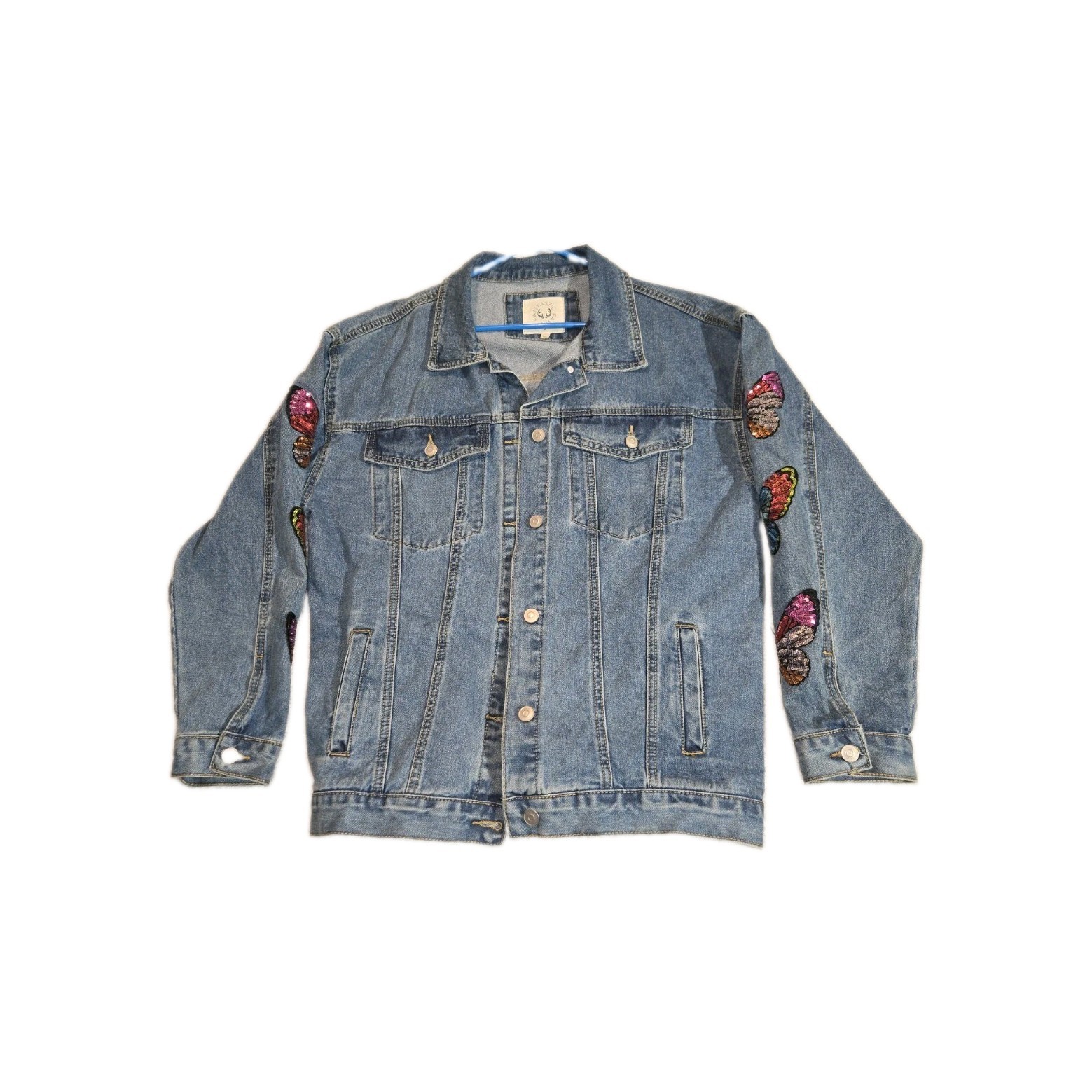 Fantastic Fawn 💯 cotton Denim Jacket M Butterfly Embellished Sequins Boho... Fantastic Fawn 💯 cotton Denim Jacket M Butterfly Embellished Sequins Boho...