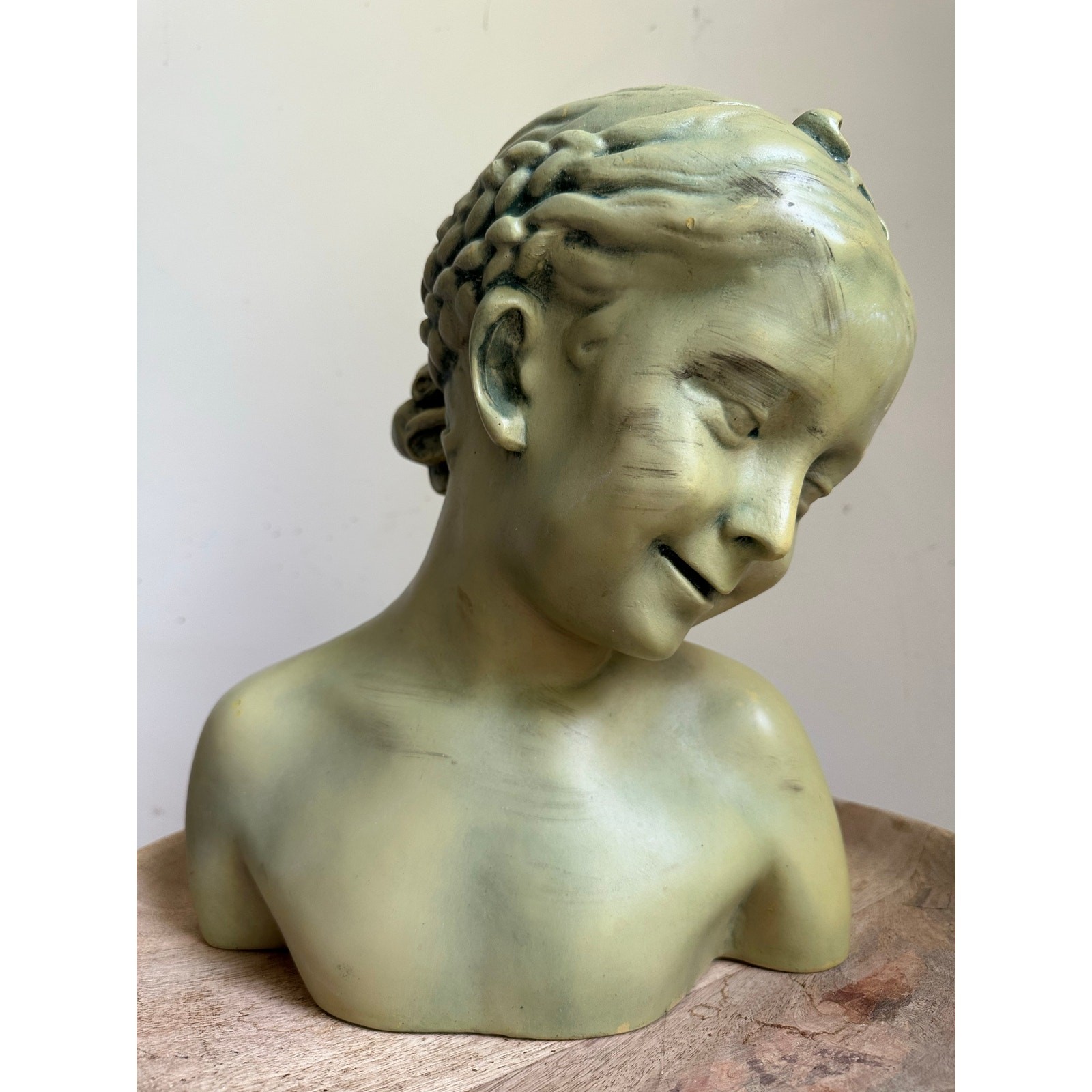 Laughing girl Bust Jean-Baptiste Pigalle 13” green antique style child decor