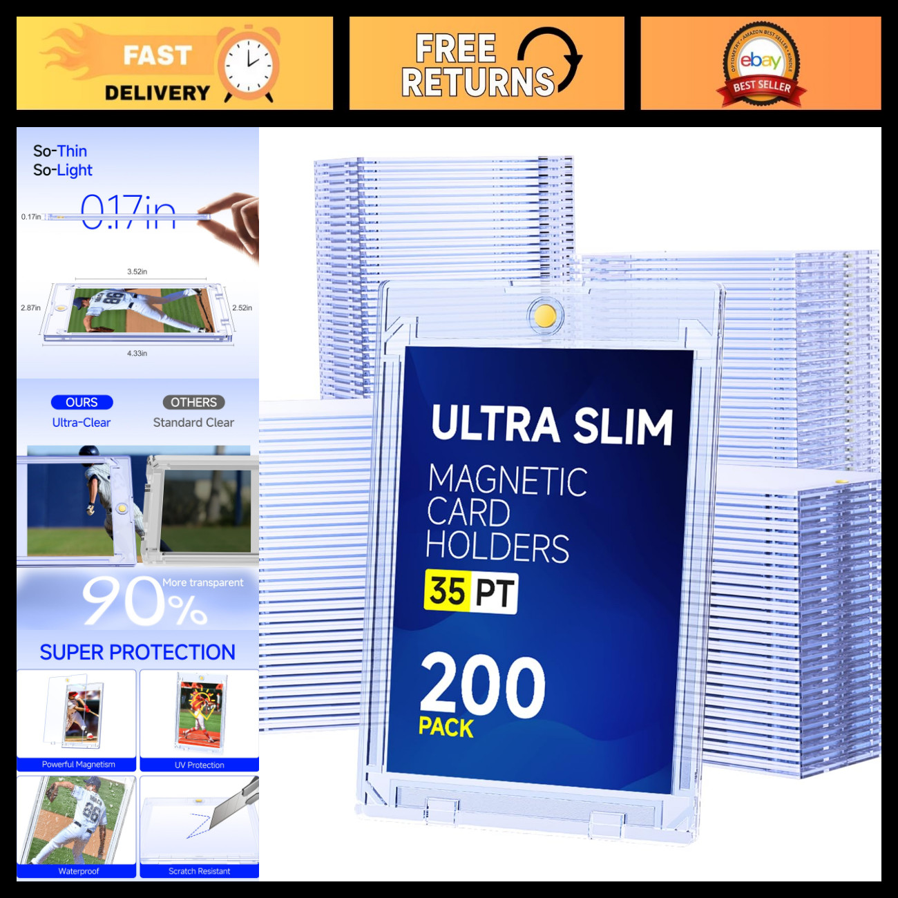 200ct Magnetic Card Holders - 35pt Slim One Touch Sleeves for Trading Cards