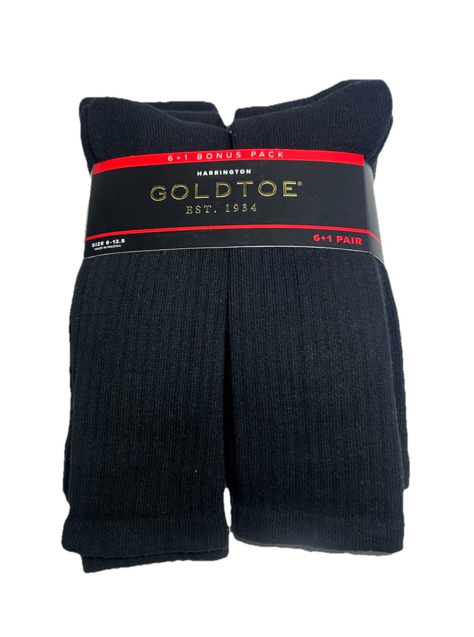 New Goldtoe Men 7 Pair Harrington Collection Reinforced Toe All Black Crew Socks