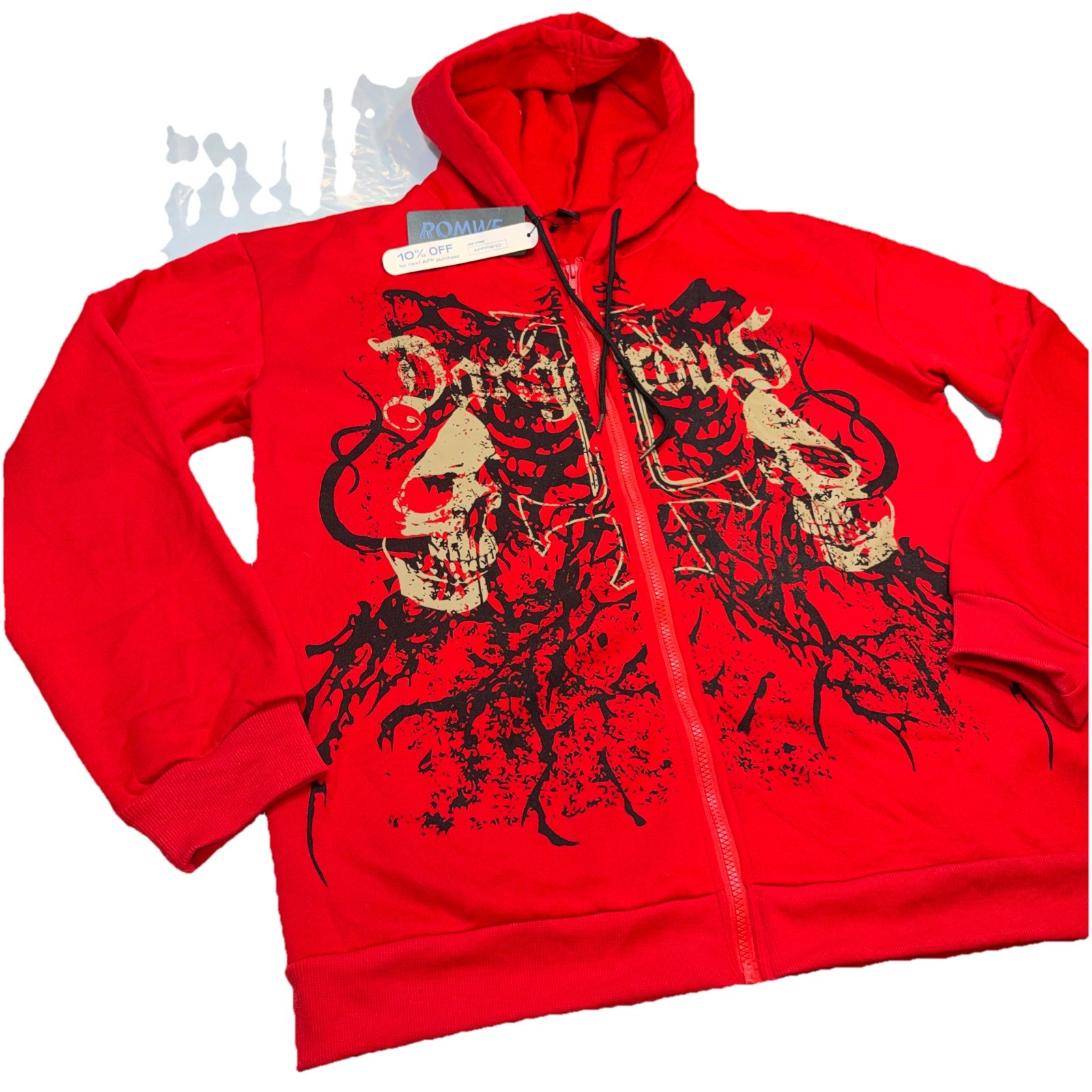 Romwe RED gothic Skull DANGEROUS Hoodie Mens 2XL Full Zip Sweatshirt jacket NEW
