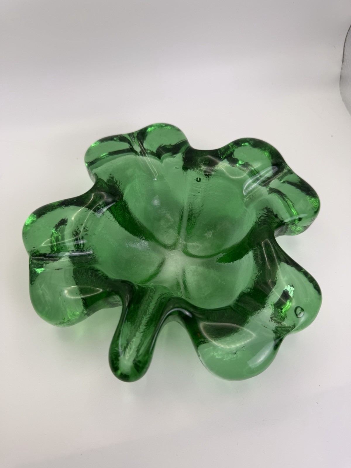 Vintage Murano Green Glass Clover Bowl 7.5” Heavy MCM Bullicante 