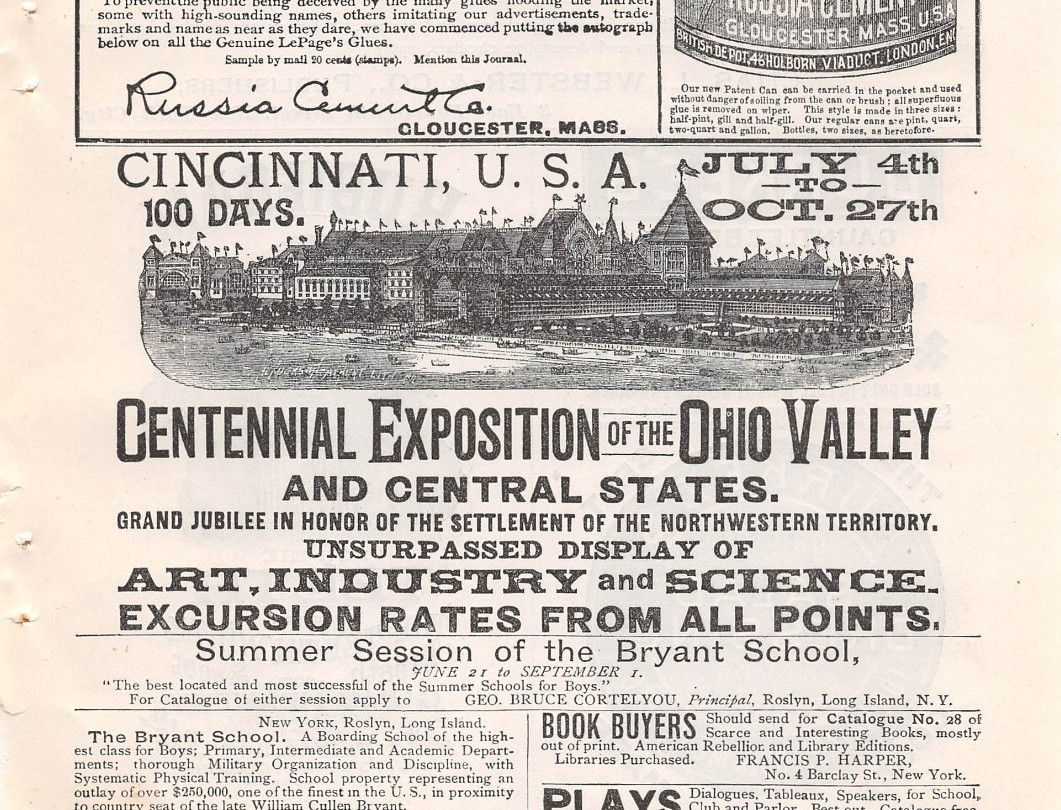 1888 CENTENNIAL EXPOSITION of the OHIO VALLEY 100 Days Cincinnati OH antique ad 1888 CENTENNIAL EXPOSITION of the OHIO VALLEY 100 Days Cincinnati OH antique ad